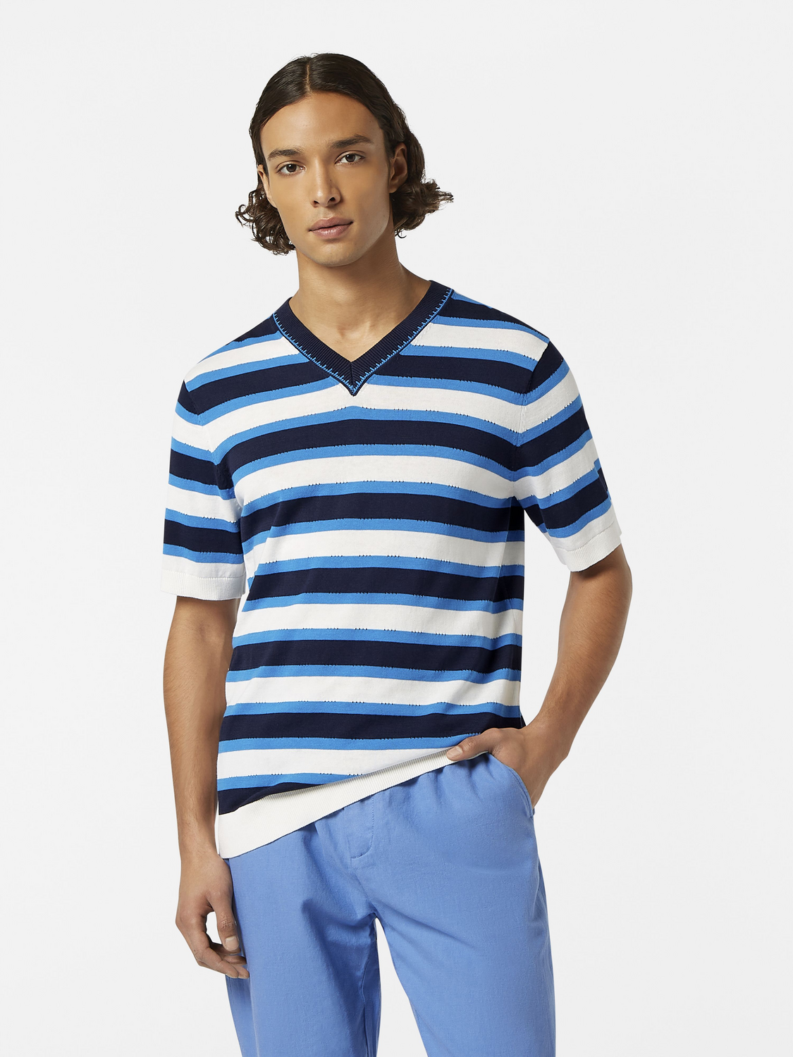 Striped Knit V-Neck T-Shirt