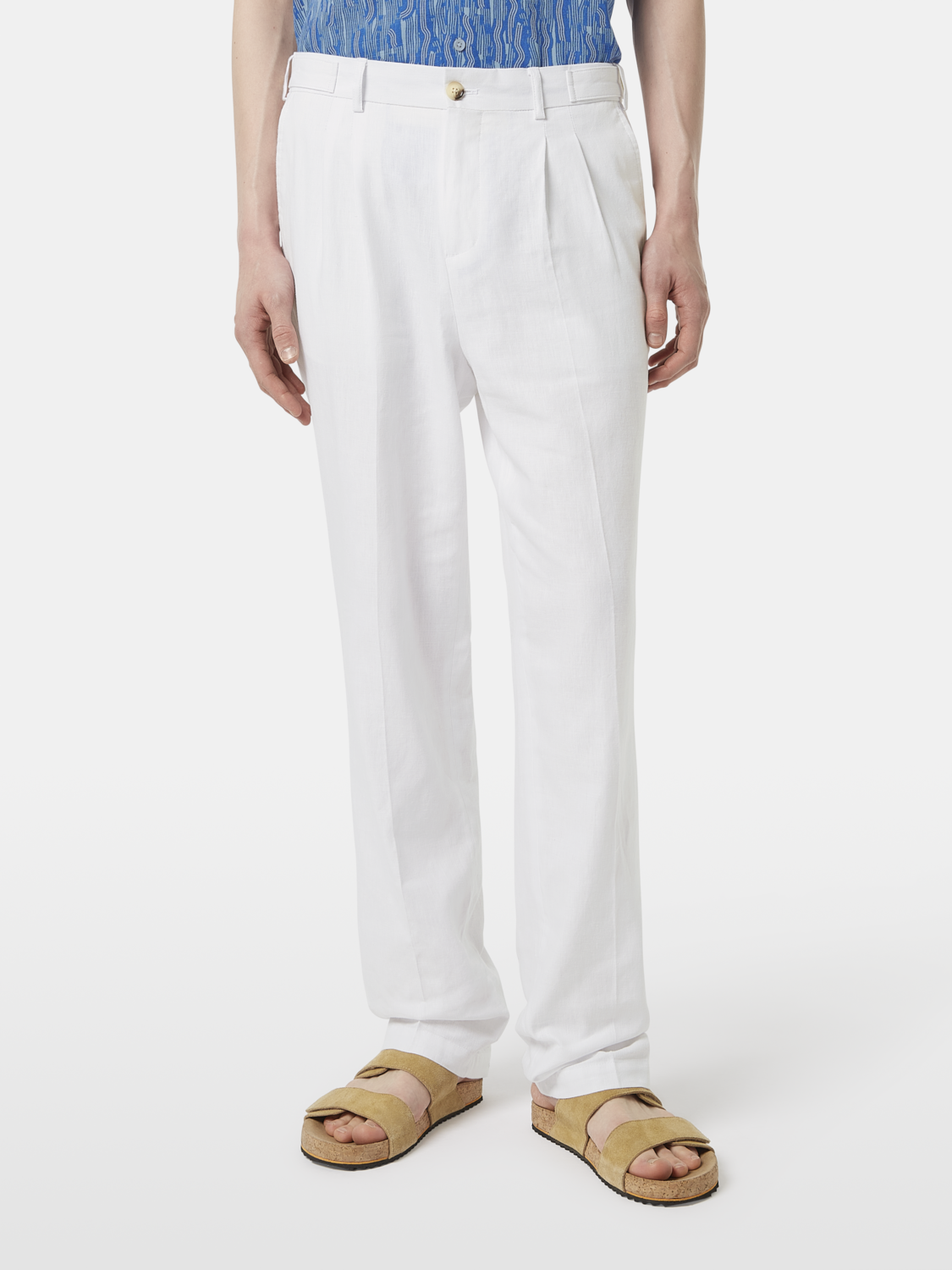 Pleated Relaxed Straight Cotton-Linen Twill Chino