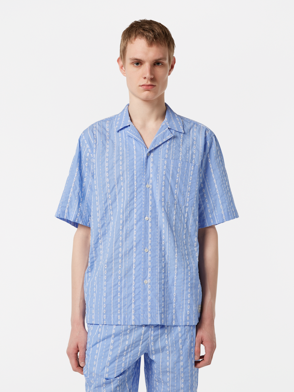 Embroidered-Stripe Relaxed-Fit Short Sleeve Shirt