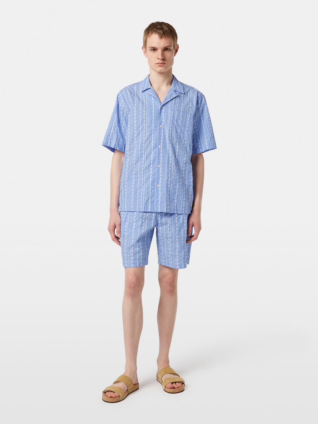 Embroidered-Stripe Relaxed-Fit Short Sleeve Shirt