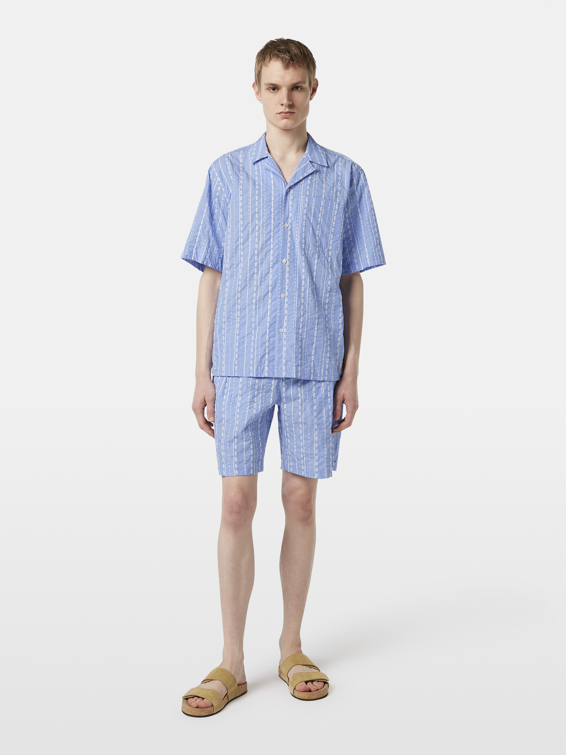 Embroidered-Stripe Relaxed-Fit Short Sleeve Shirt