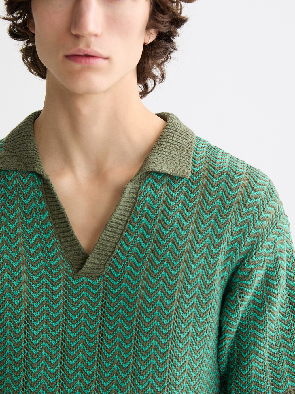 Open Structured Knitted V-Neck Polo