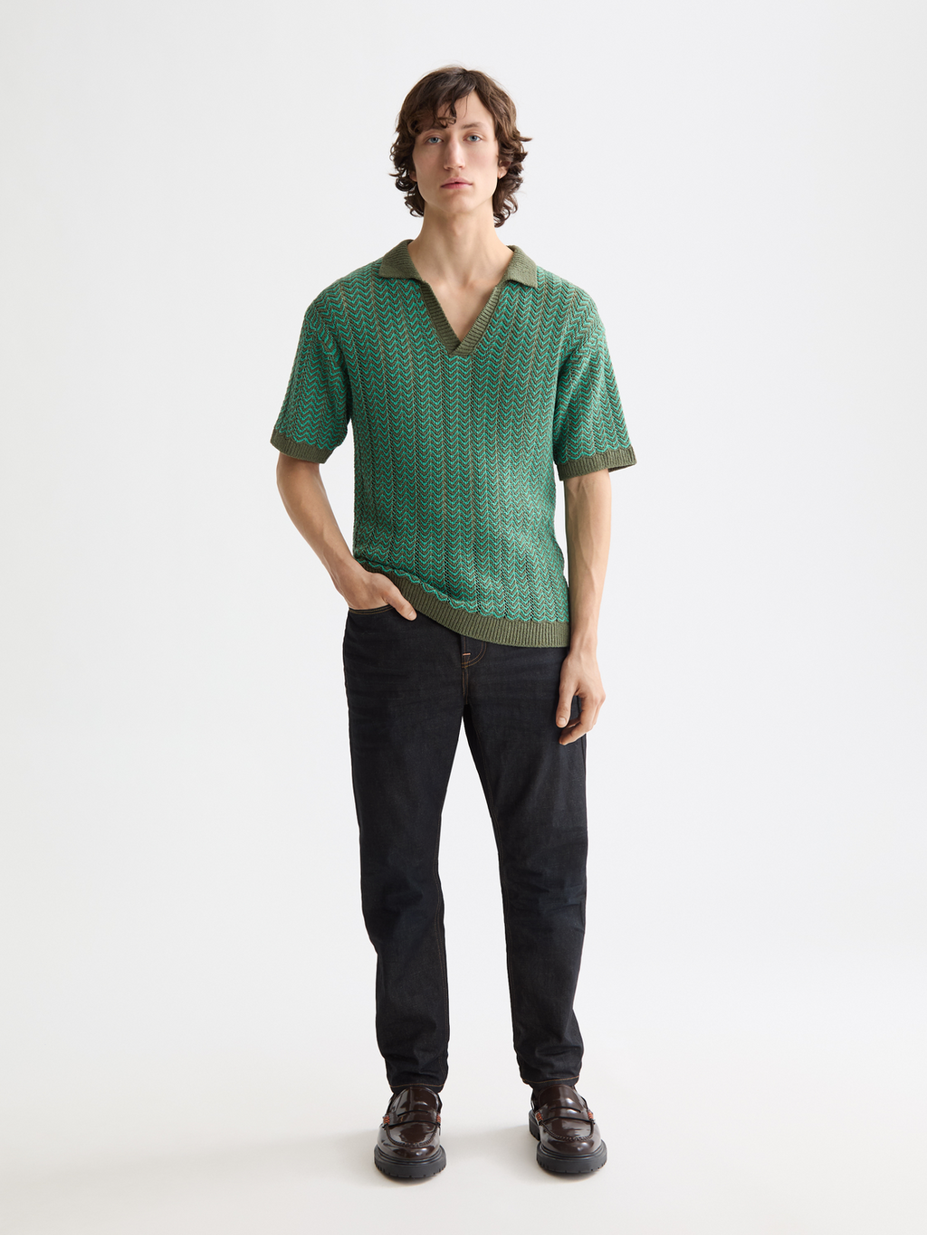Open Structured Knitted V-Neck Polo