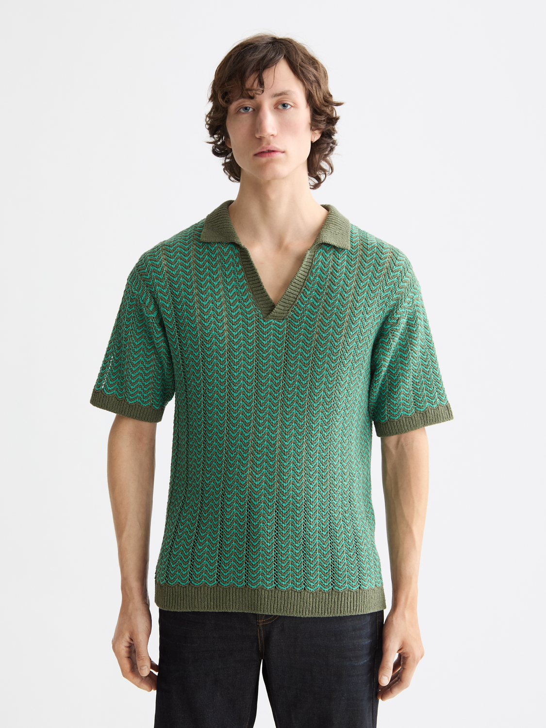 Open Structured Knitted V-Neck Polo