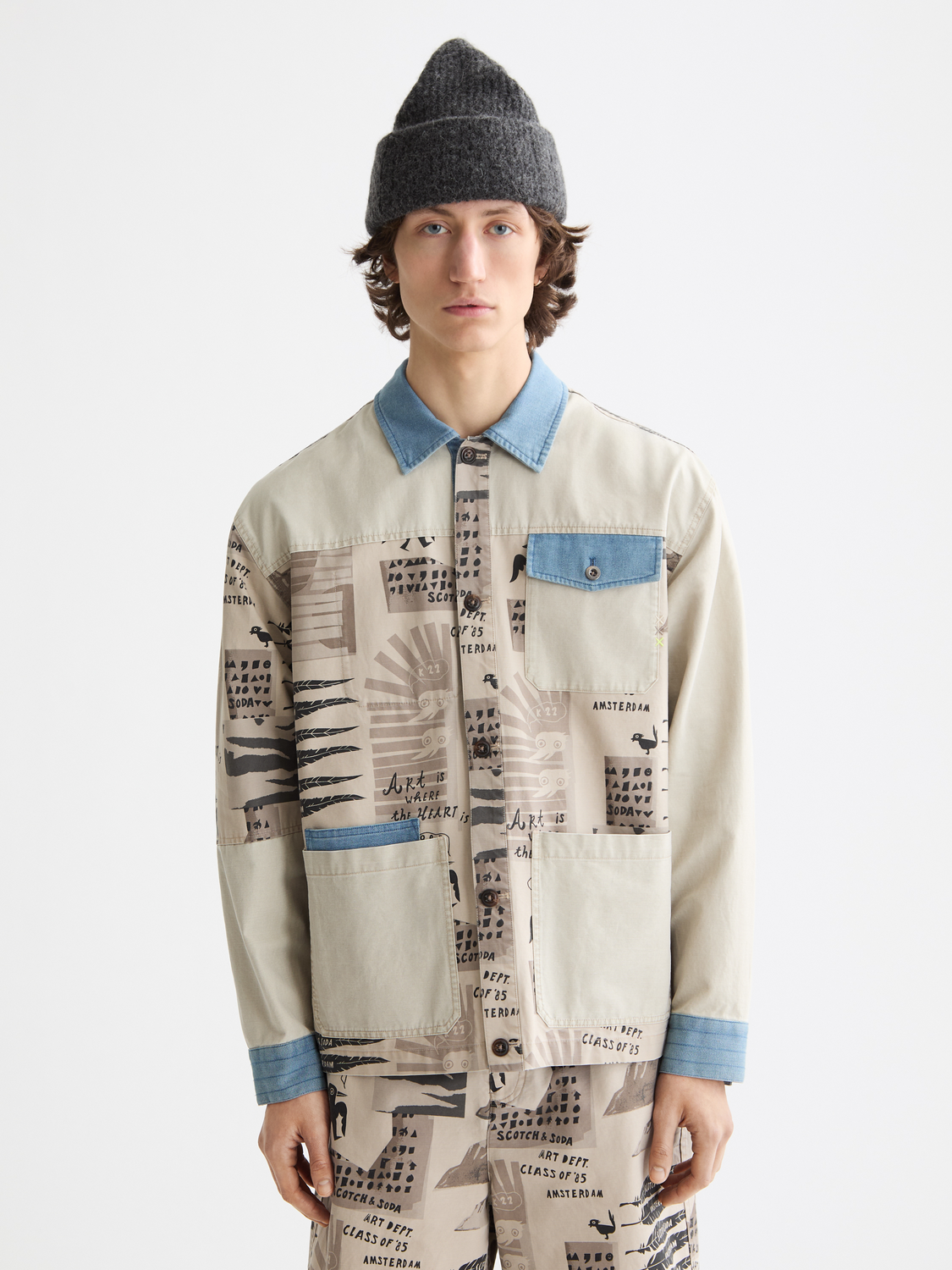 Printed & Washed Colour Block Worker Jacket
