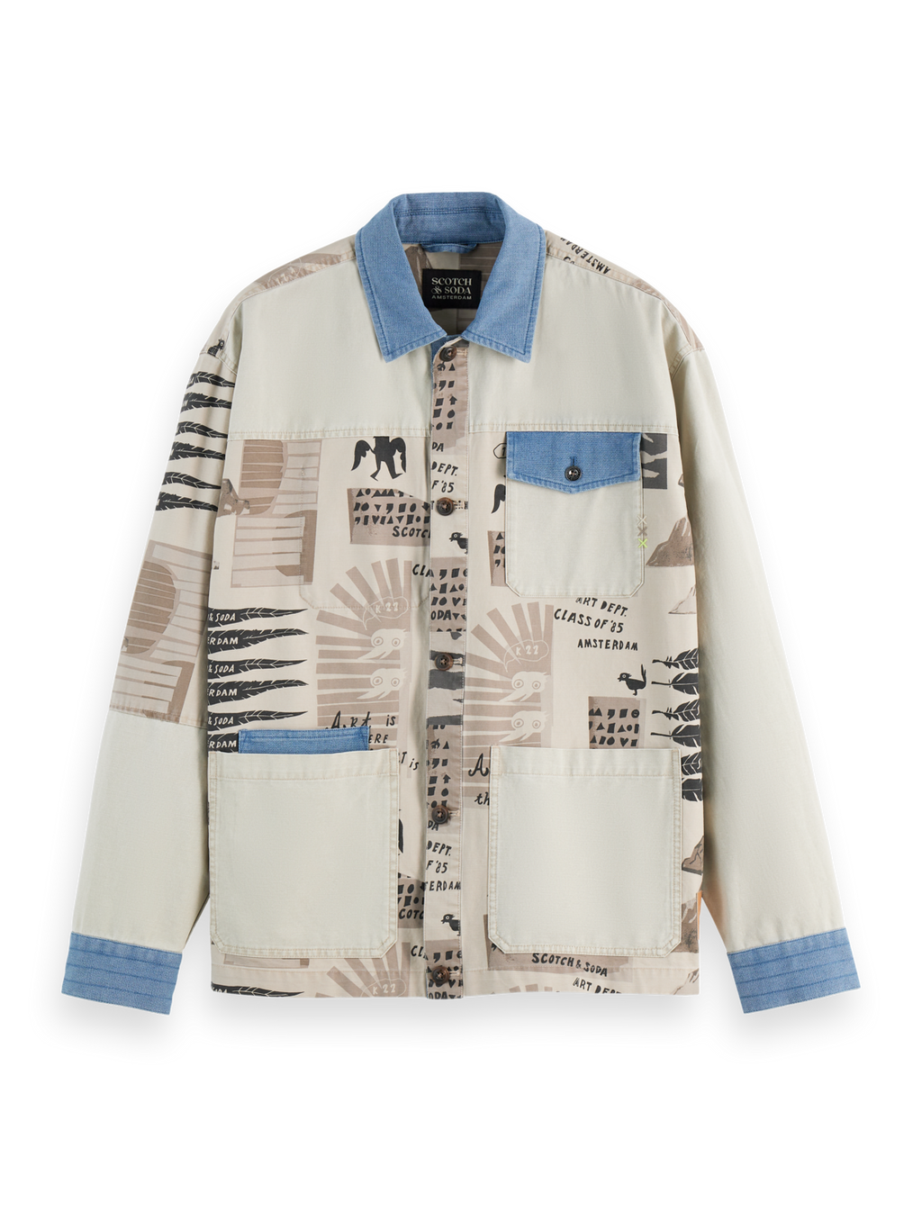 Printed & Washed Colour Block Worker Jacket