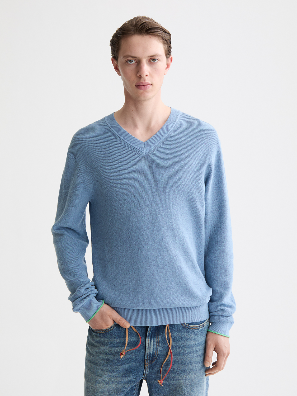 Regular-Fit Cotton Linen V-Neck Pullover