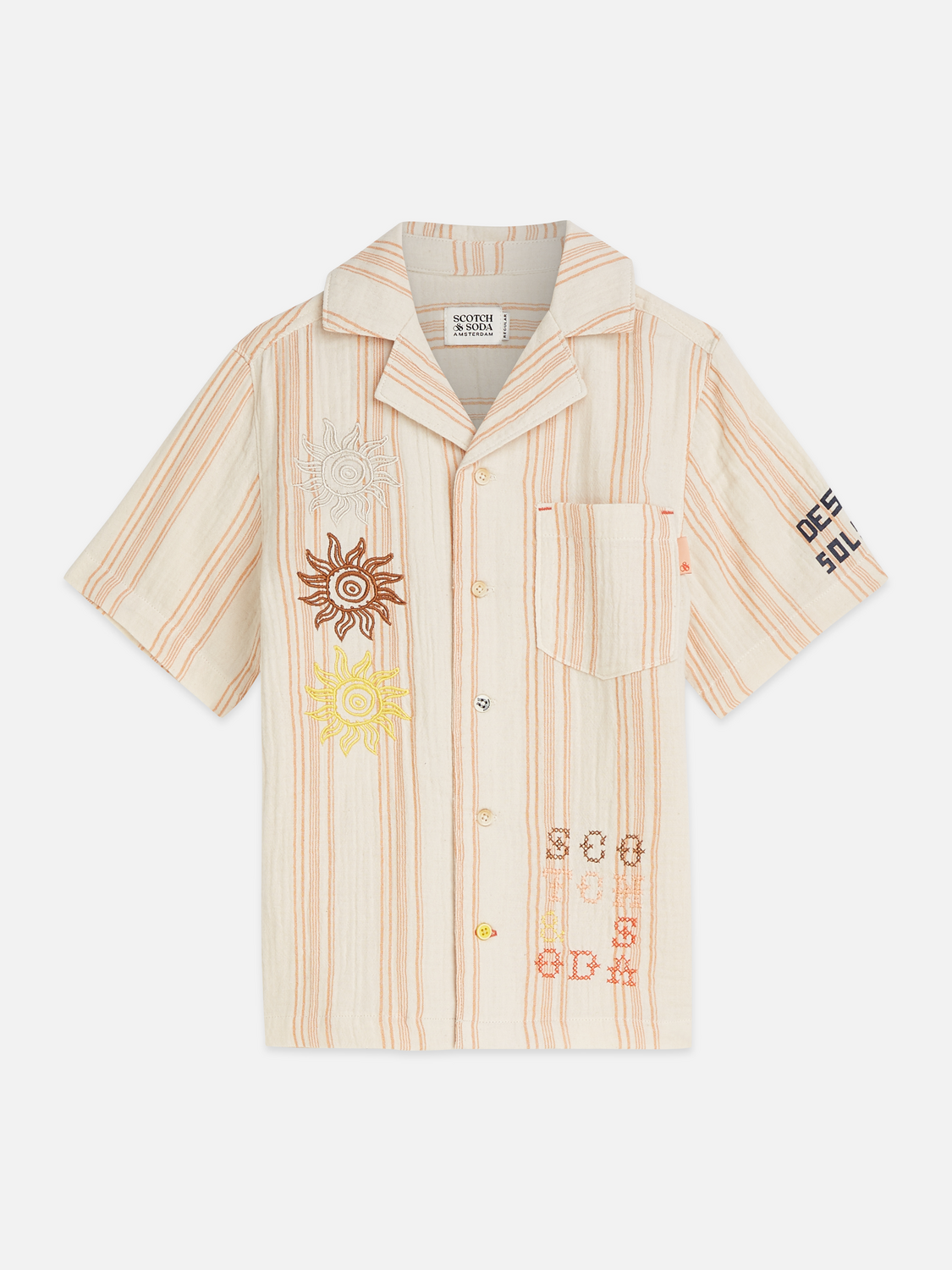 Boys' Placed Embroidery Stripe Cotton Short Sleeve Shirt
