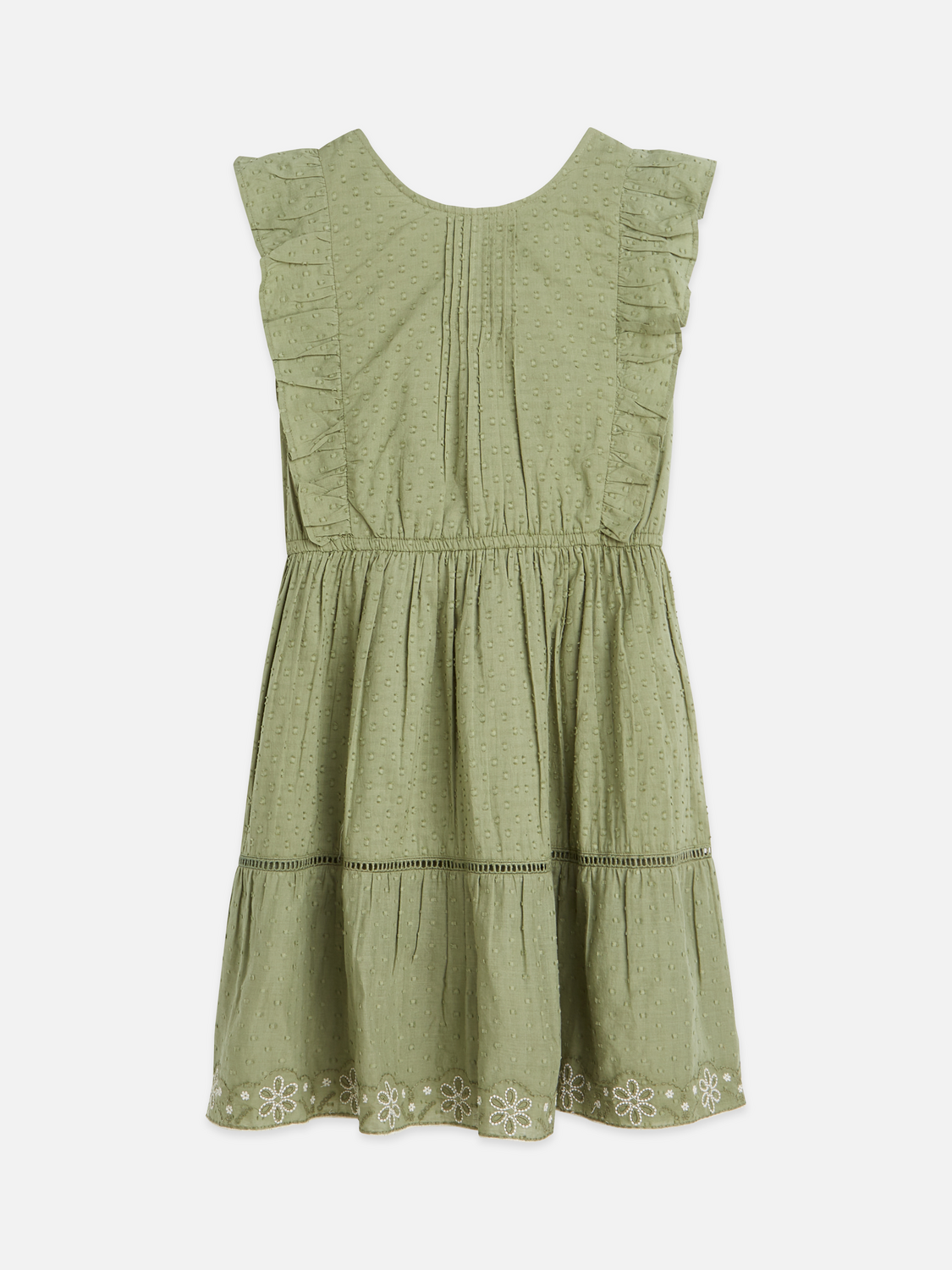 Girls' Embroidered Hem Clip Jacquard Cotton Dress Oil Green / 8