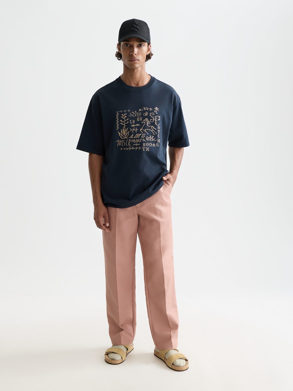 Cross-Stitched Front Artwork Loose-Fit T-Shirt