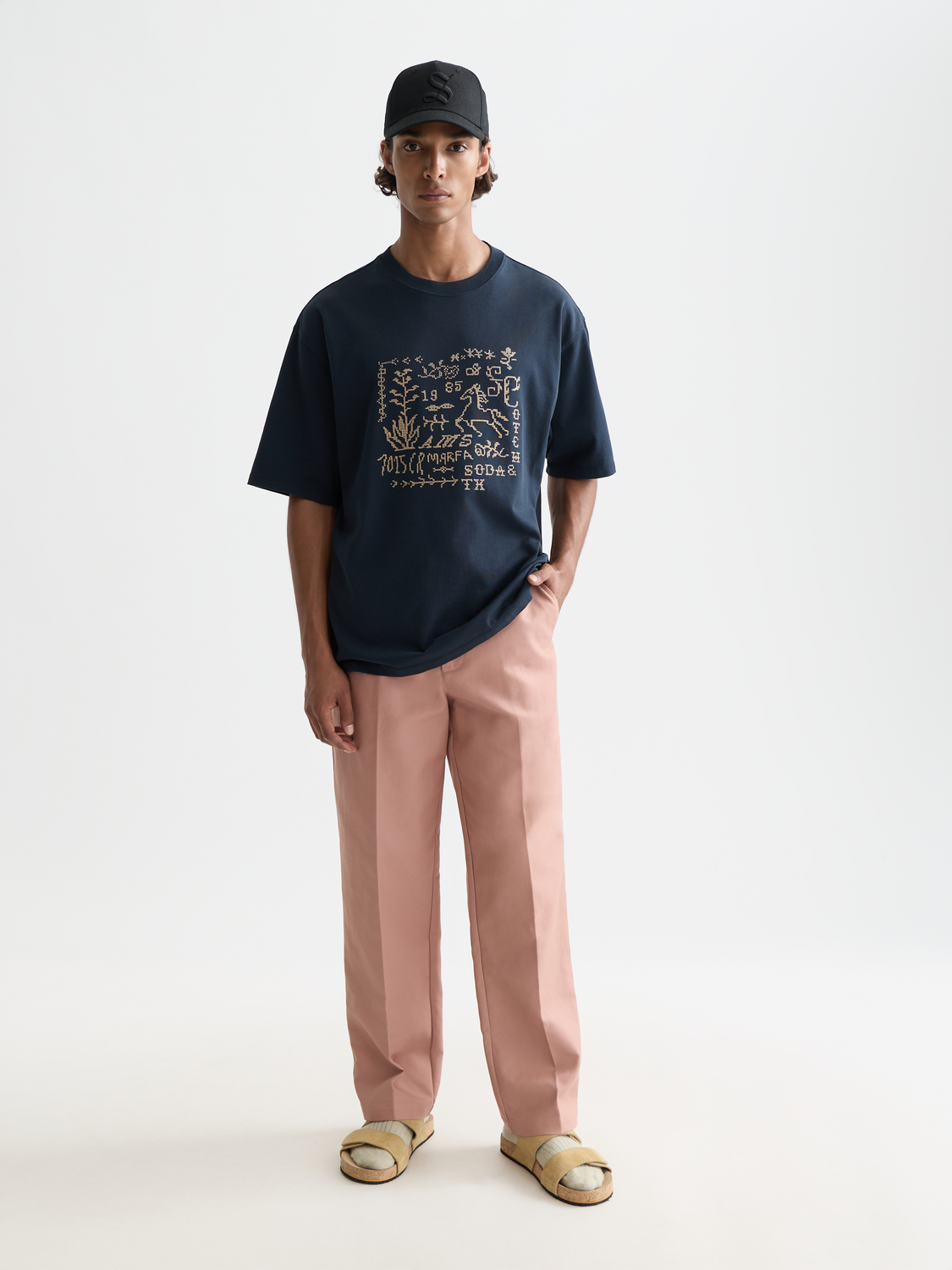 Cross-Stitched Front Artwork Loose-Fit T-Shirt