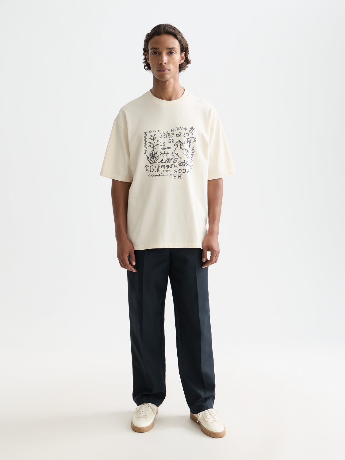 Cross-Stitched Front Artwork Loose-Fit T-Shirt