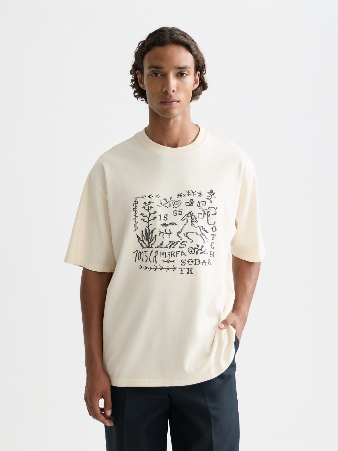 Cross-Stitched Front Artwork Loose-Fit T-Shirt