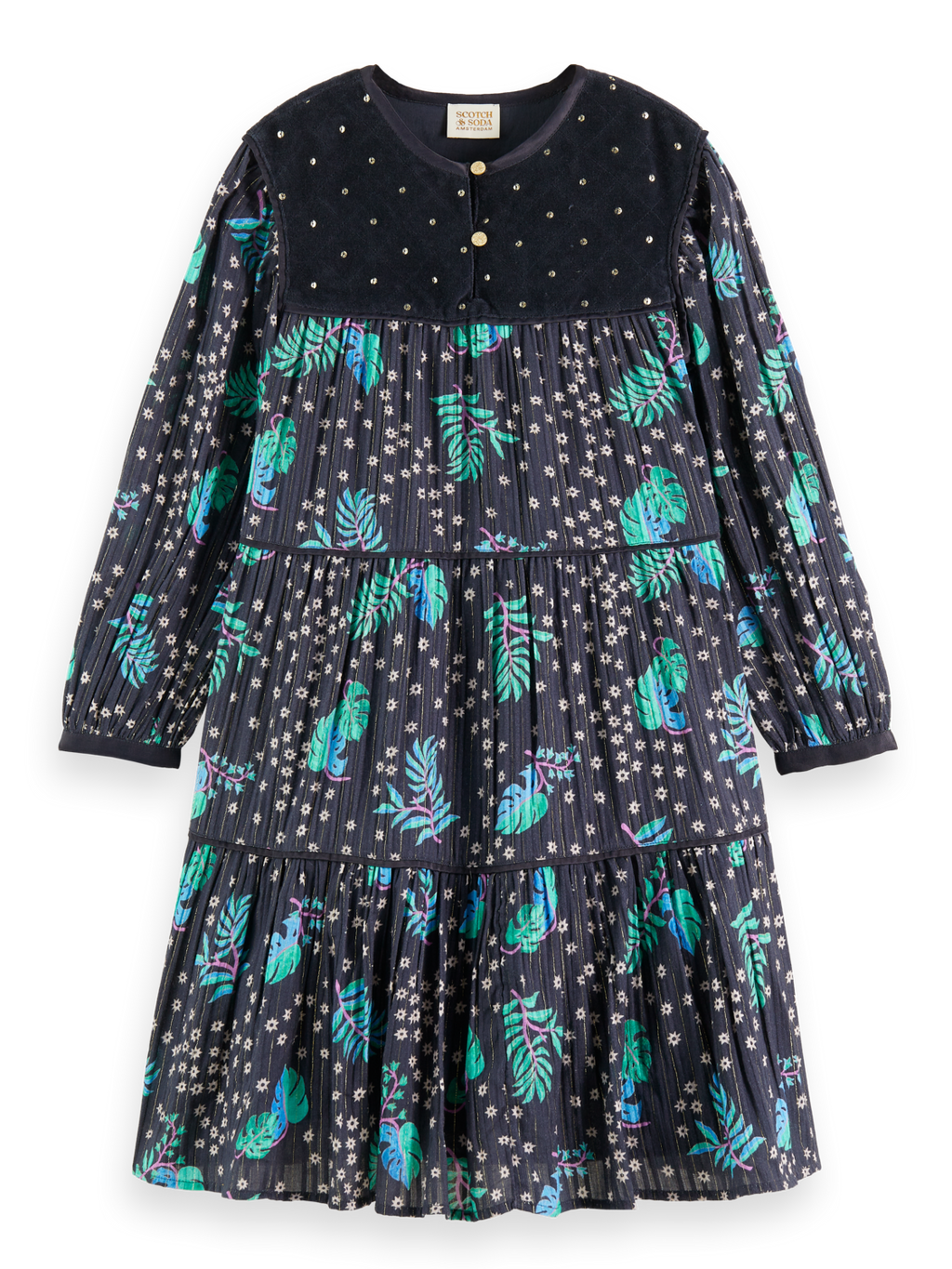 Girls' All-Over Printed Velvet Detail Dress