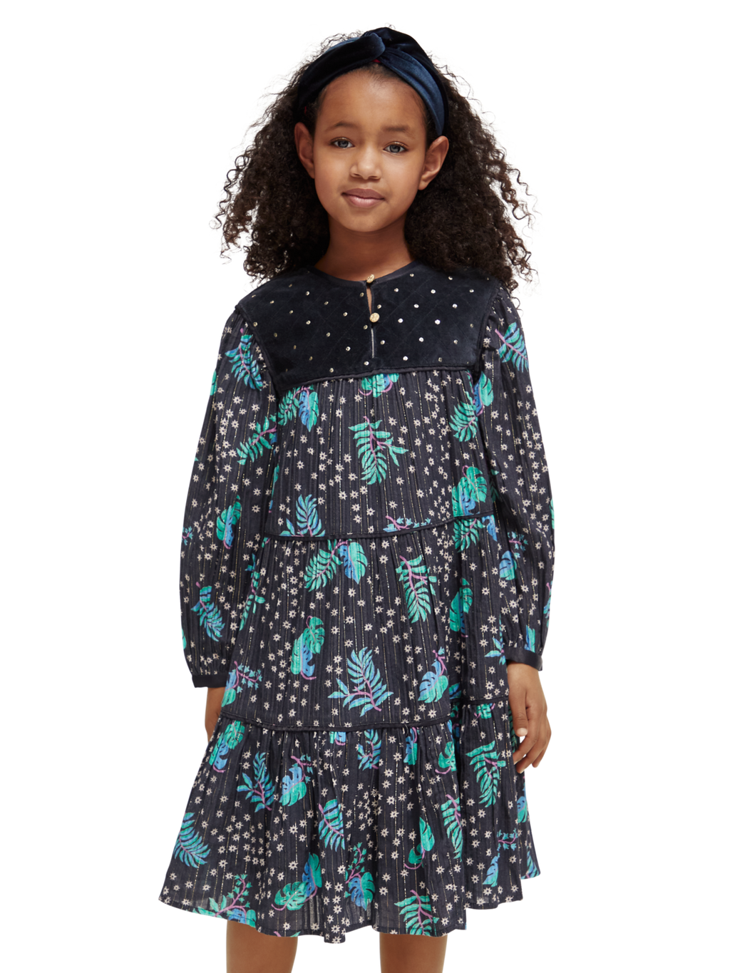 Girls' All-Over Printed Velvet Detail Dress