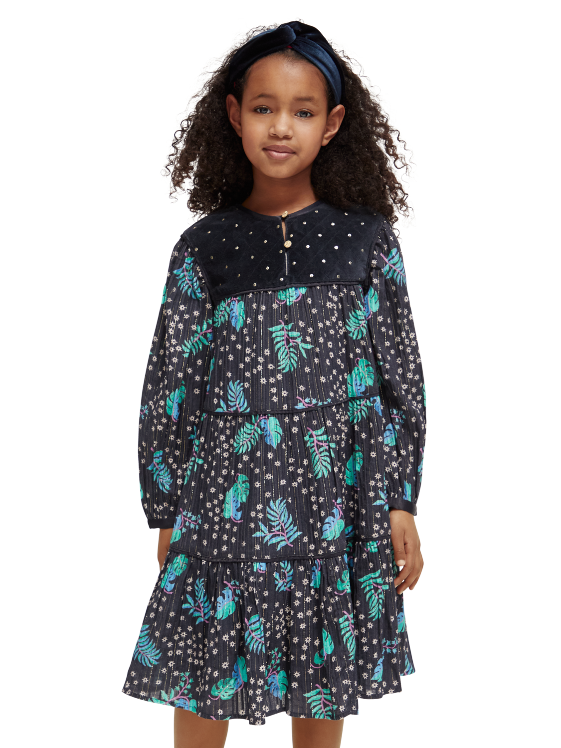 Girls' All-Over Printed Velvet Detail Dress
