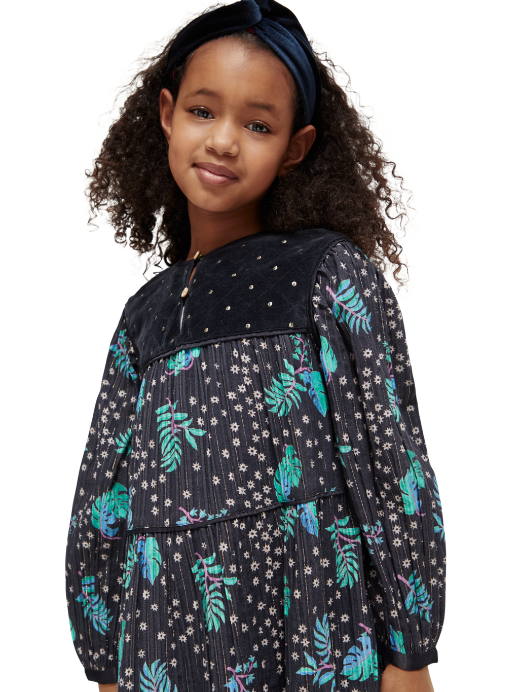 Girls' All-Over Printed Velvet Detail Dress