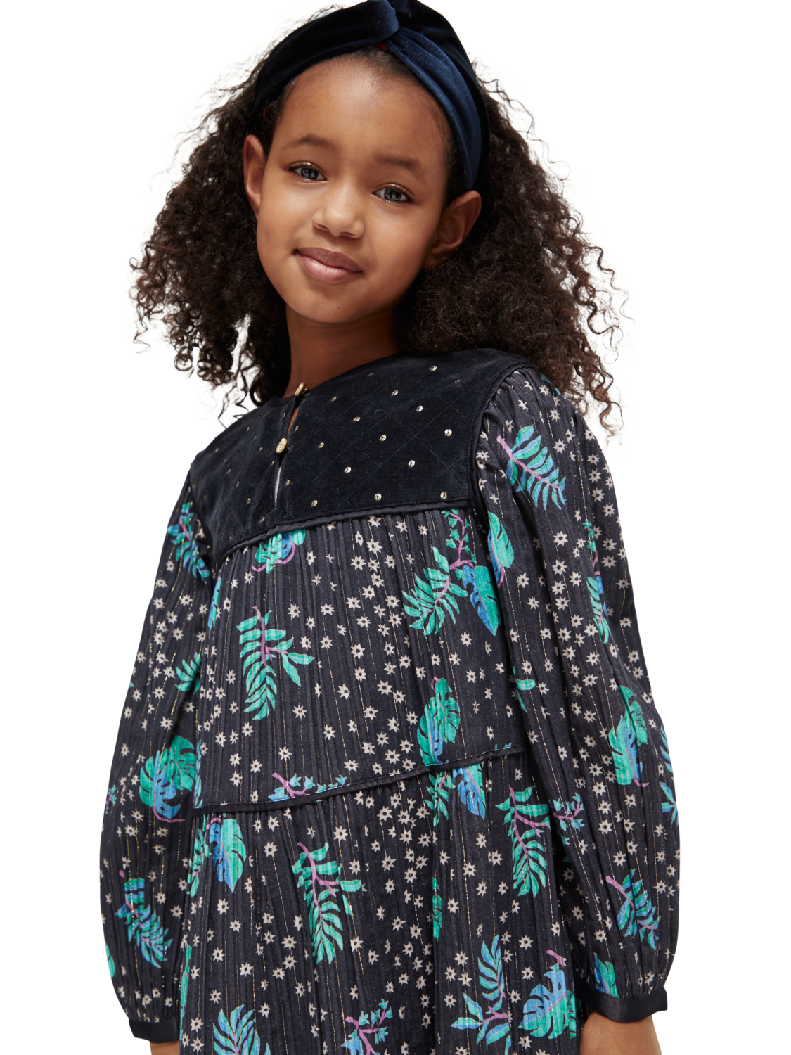Girls' All-Over Printed Velvet Detail Dress