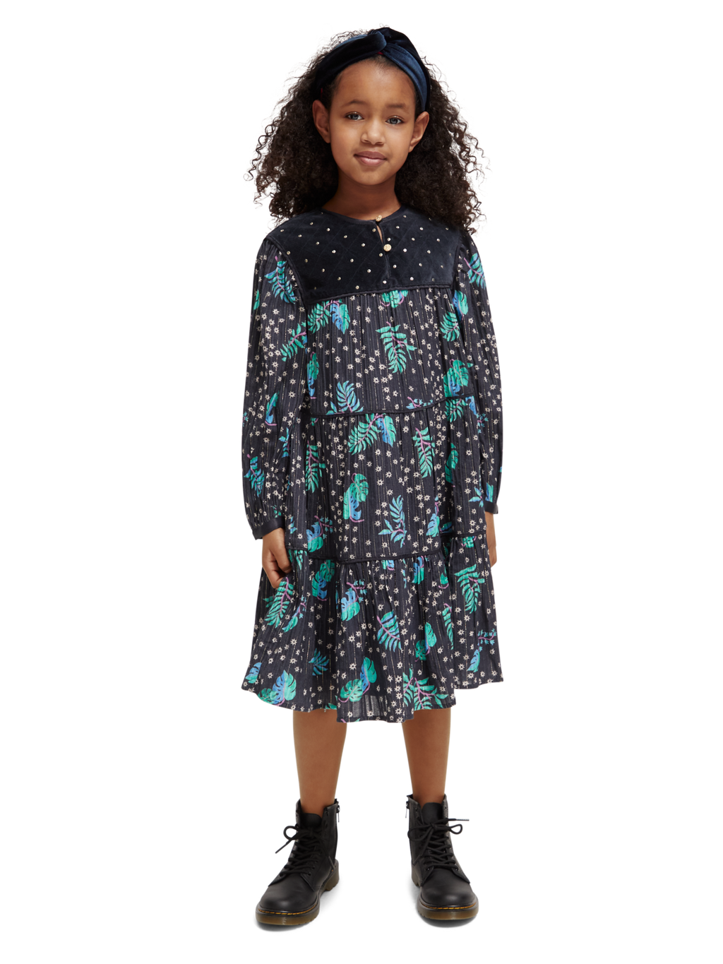 Girls' All-Over Printed Velvet Detail Dress