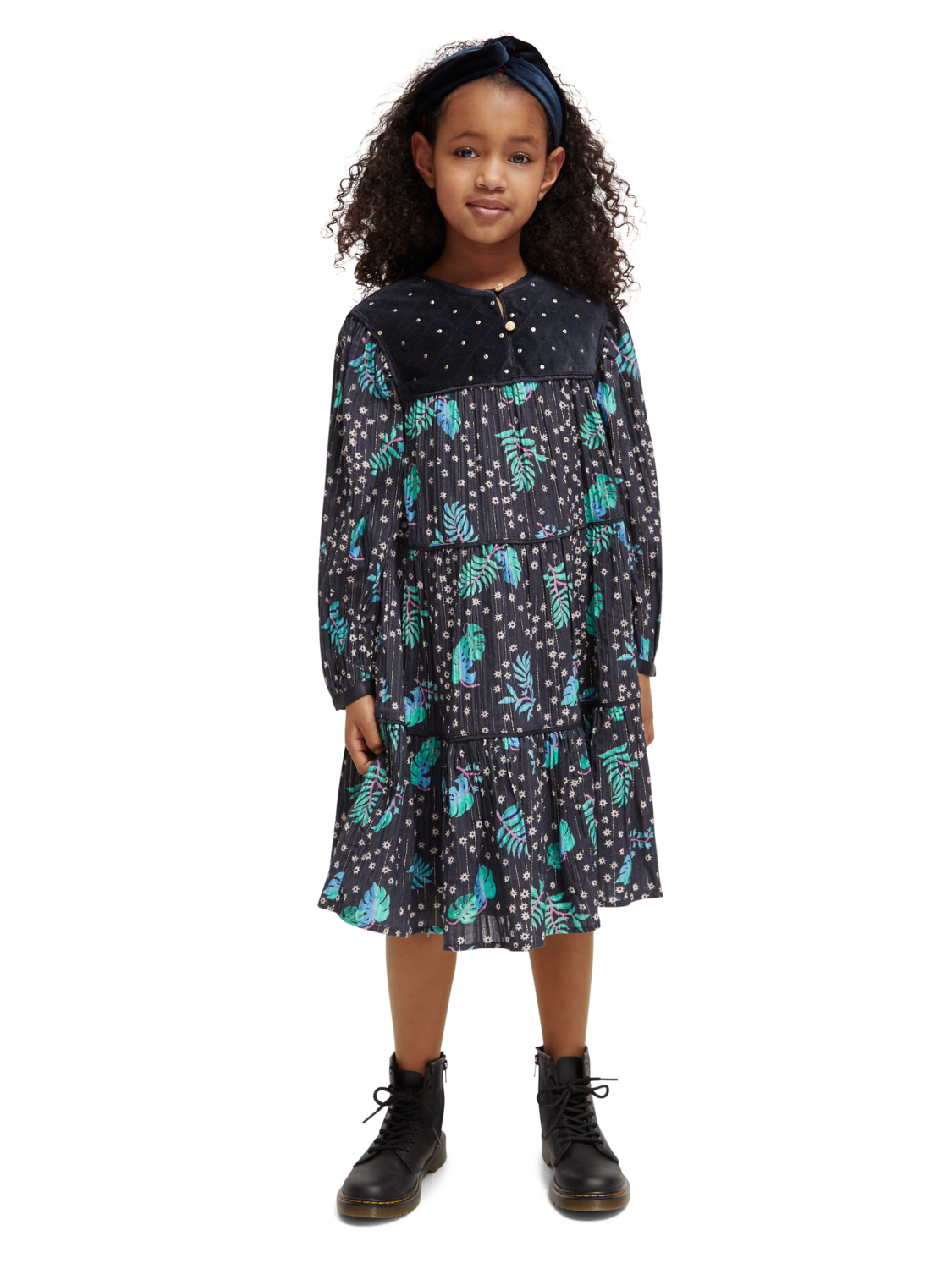 Girls' All-Over Printed Velvet Detail Dress