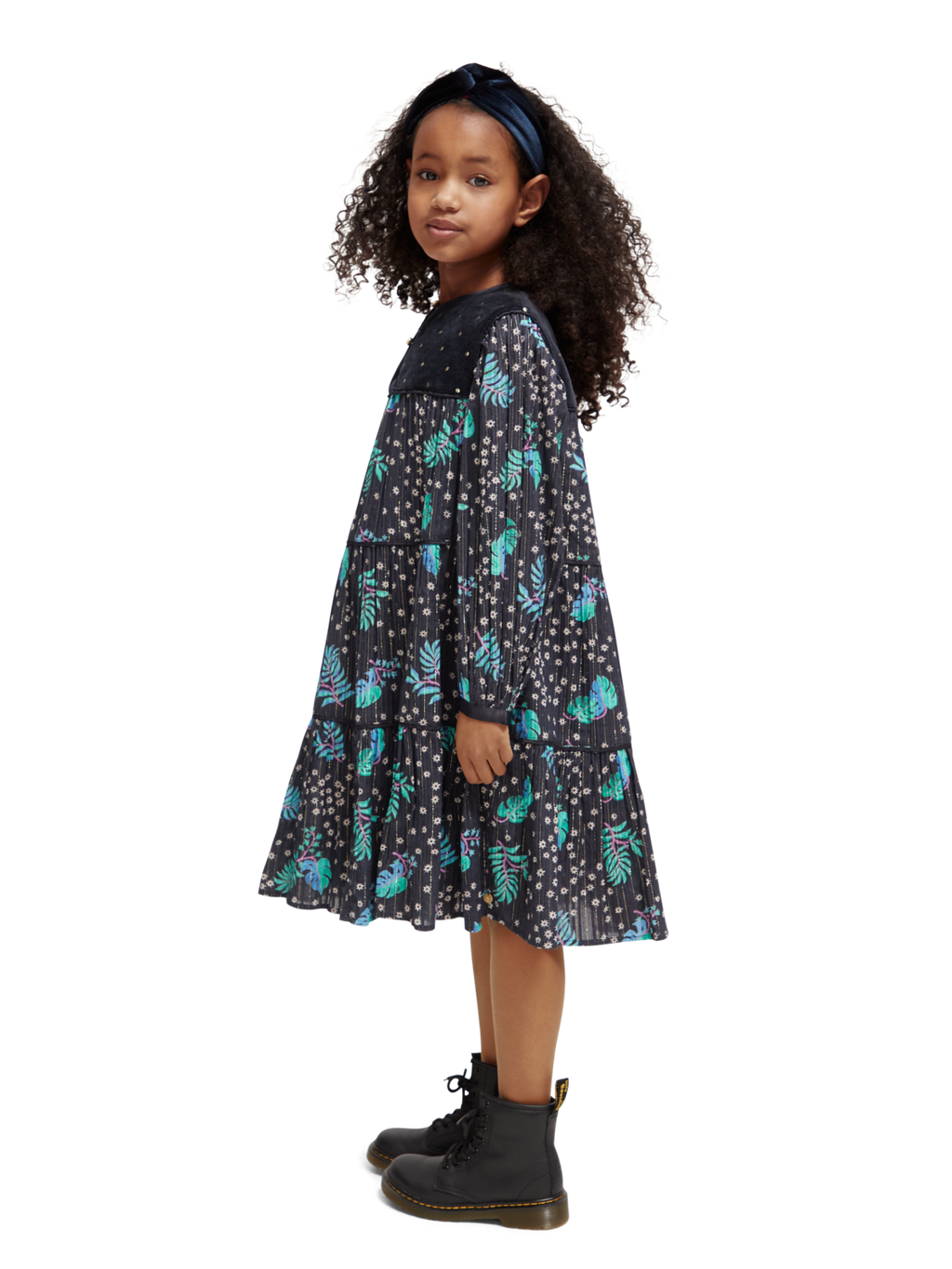 Girls' All-Over Printed Velvet Detail Dress