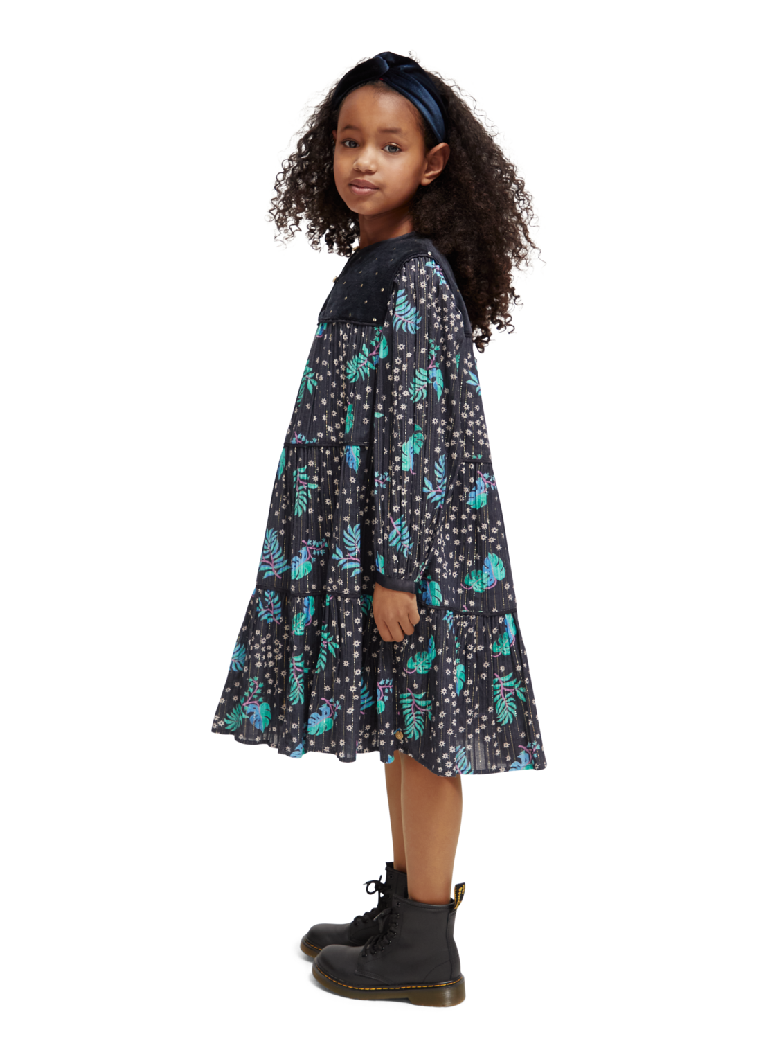 Girls' All-Over Printed Velvet Detail Dress