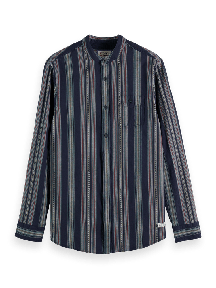 Dobby Striped Standing Collar Shirt Front
