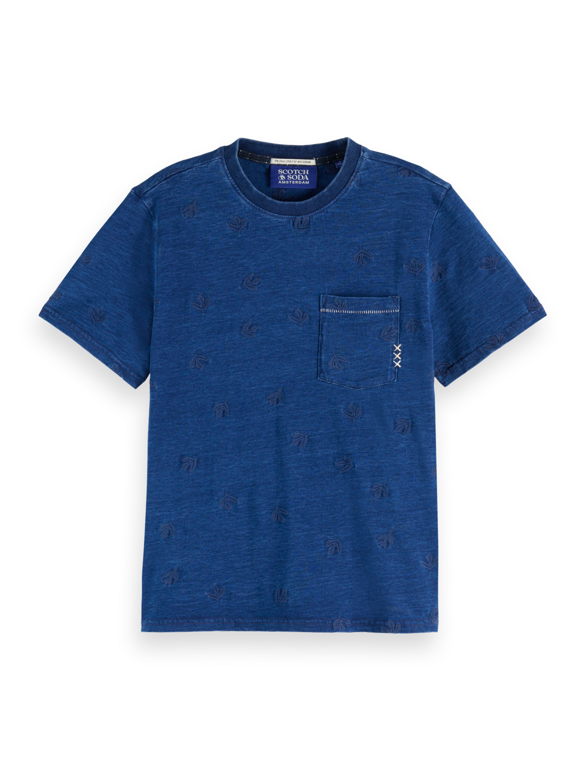 Washed Indigo Regular Fit T-Shirt With Allover Embroidery