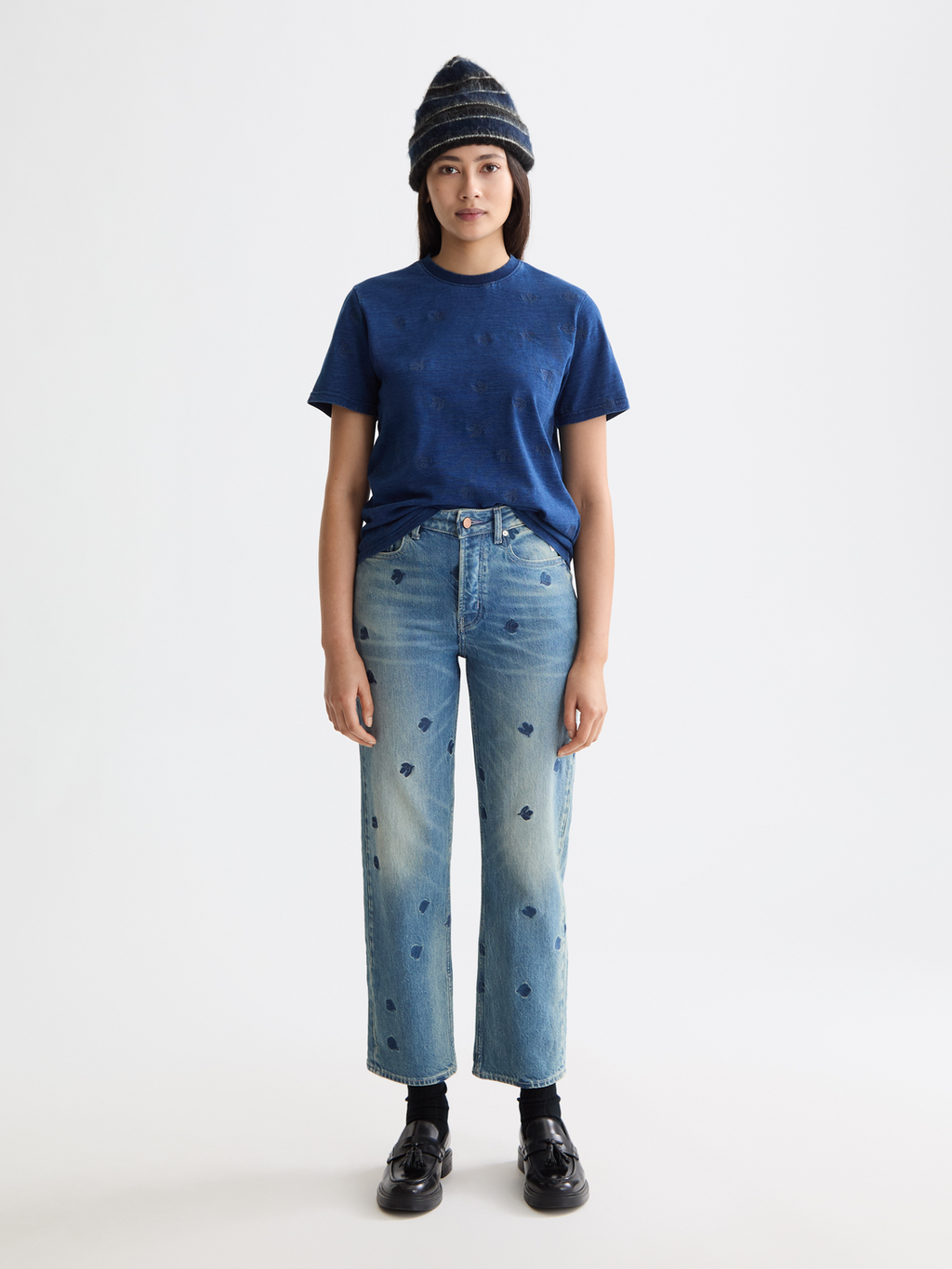 Washed Indigo Regular Fit T-Shirt With Allover Embroidery