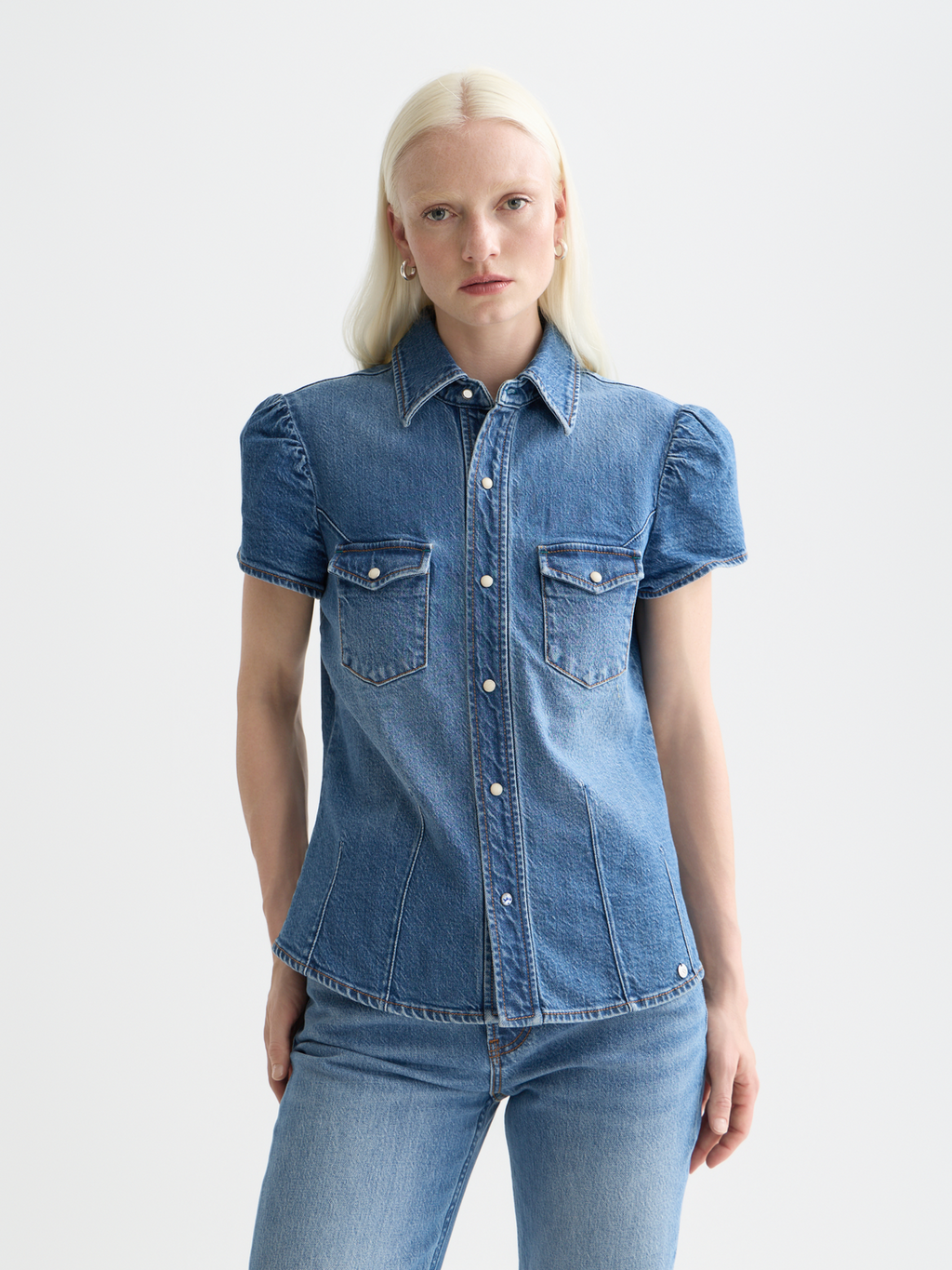 Cap Sleeve Fitted Denim Shirt