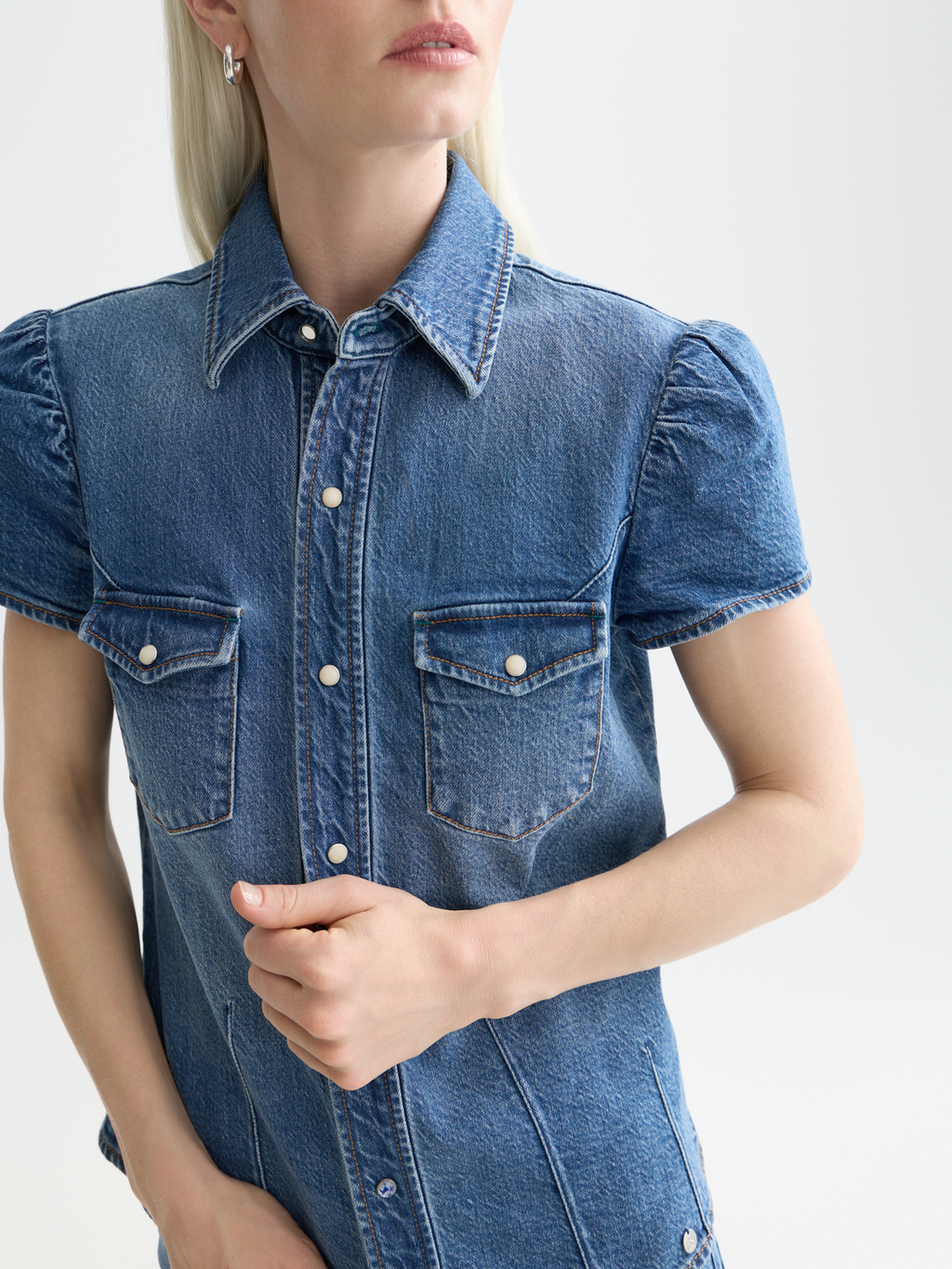 Cap Sleeve Fitted Denim Shirt