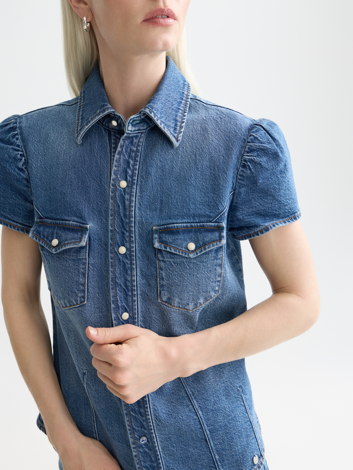 Cap Sleeve Fitted Denim Shirt