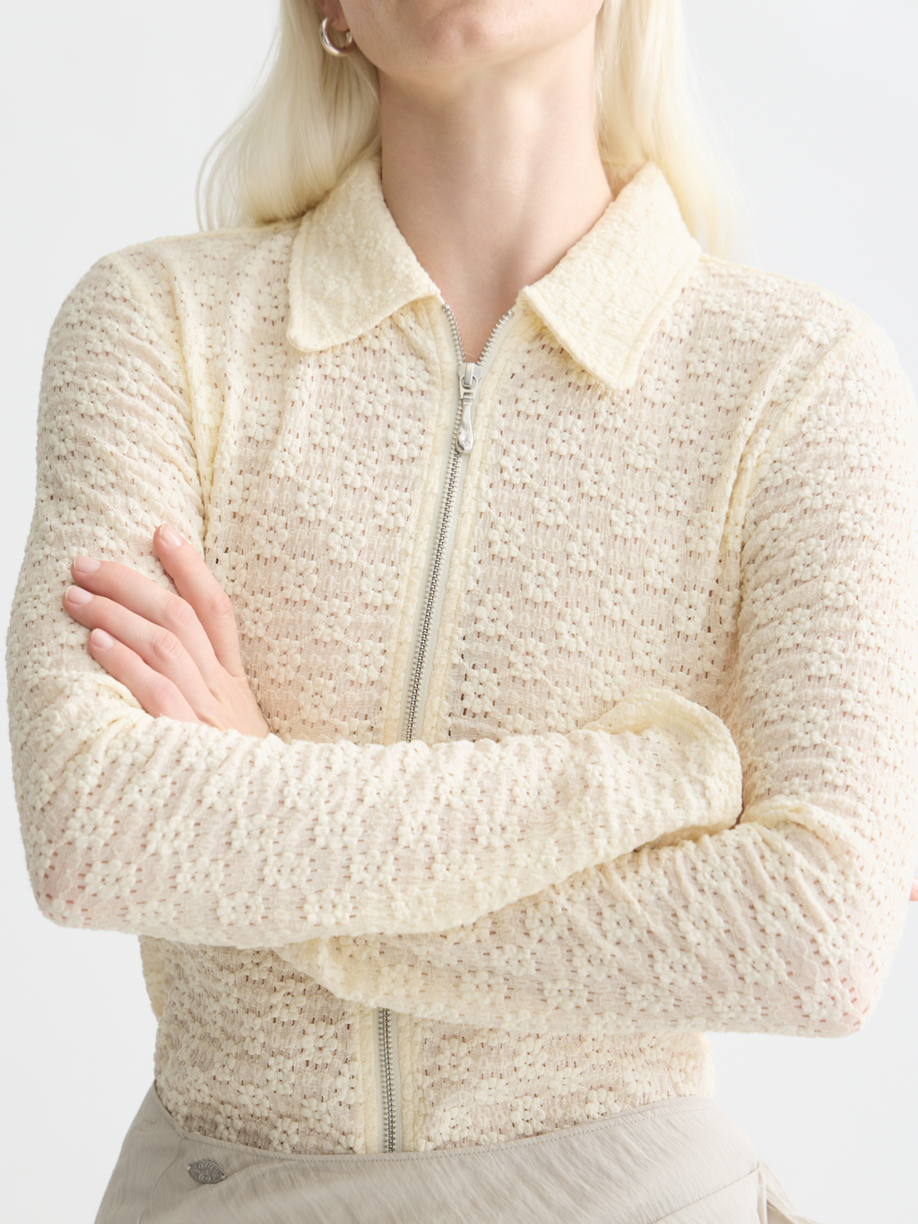 Zip Through Open Structure Long Sleeve T-Shirt