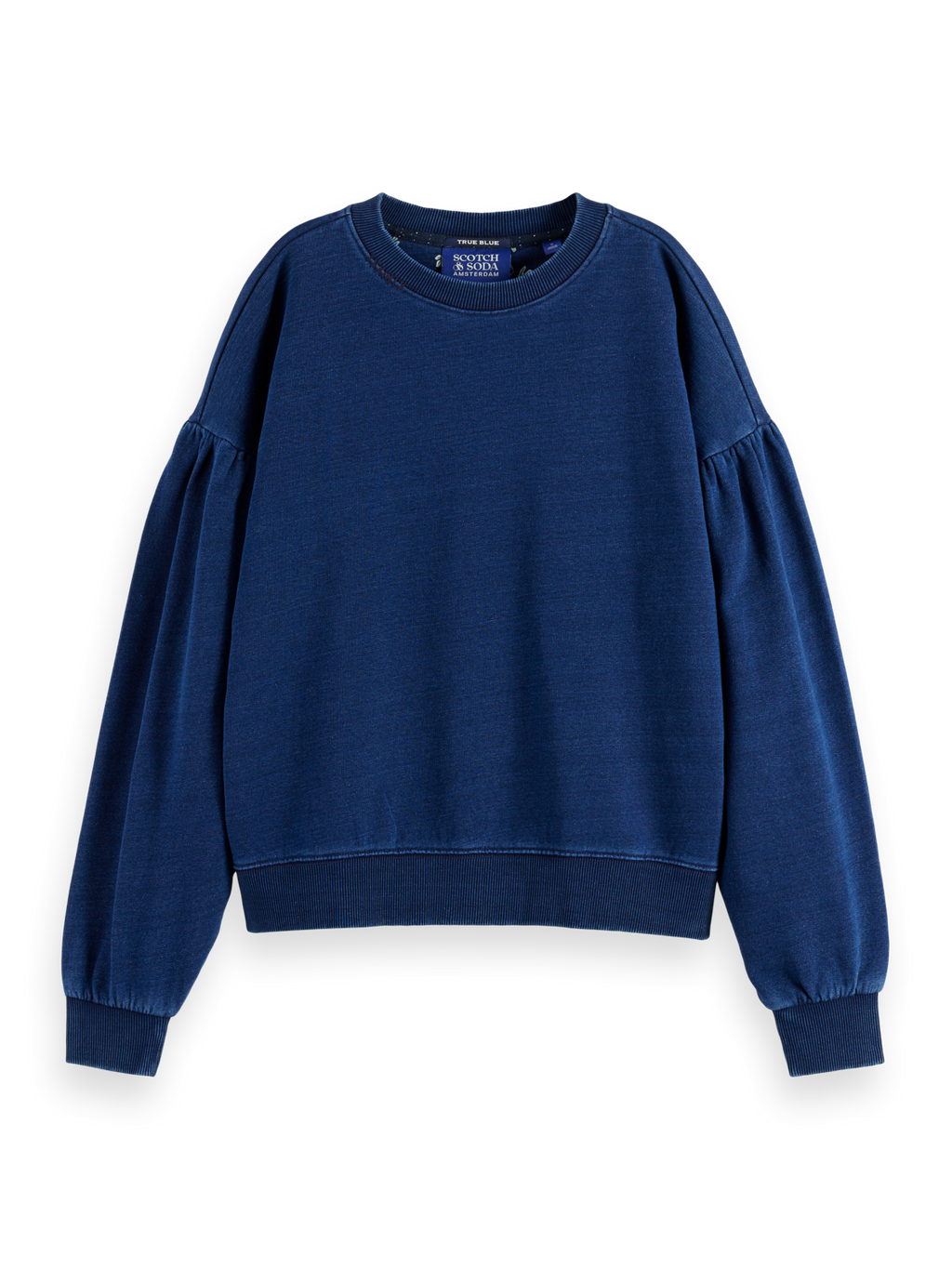Washed Indigo Crew Neck Sweatshirt With Balloon Sleeves