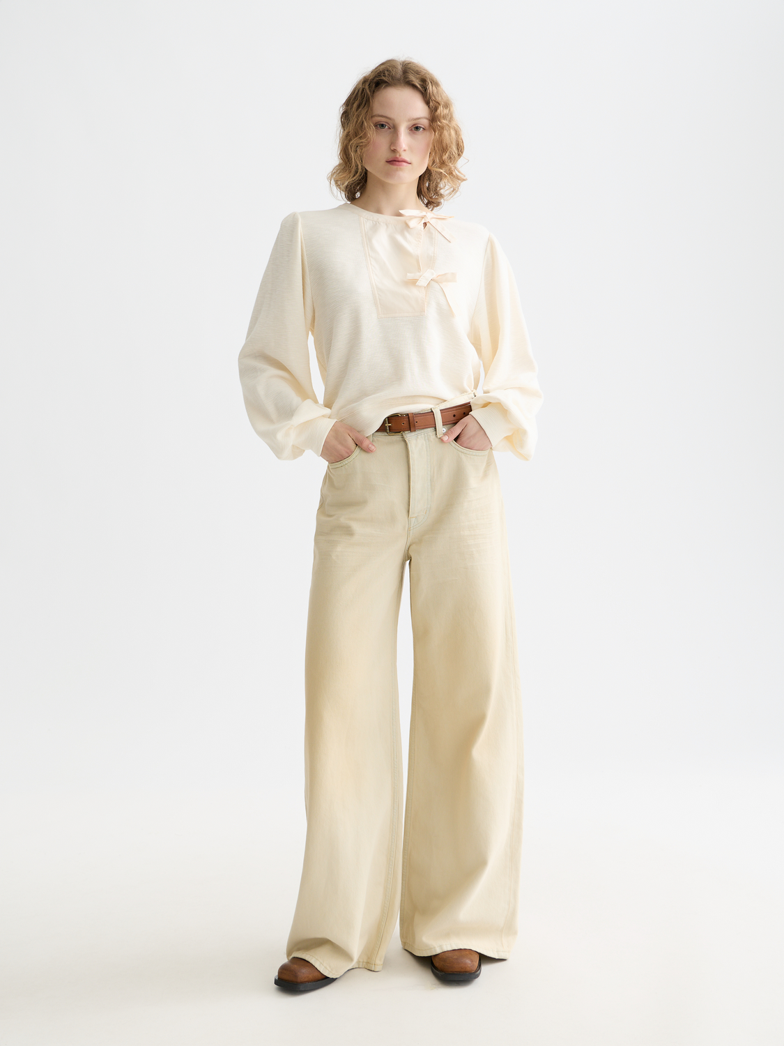 Open Neck Sweatshirt With Woven Front Placket