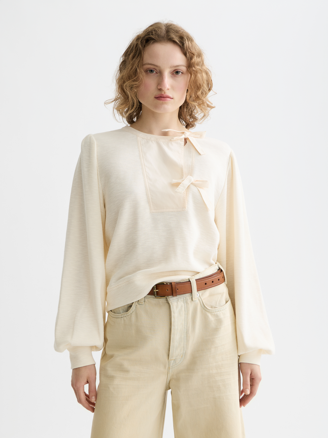 Open Neck Sweatshirt With Woven Front Placket