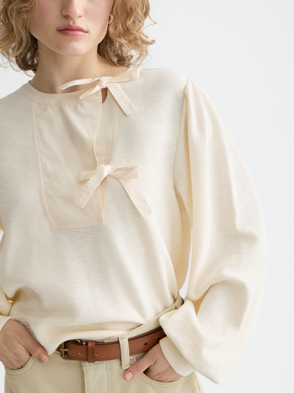 Open Neck Sweatshirt With Woven Front Placket