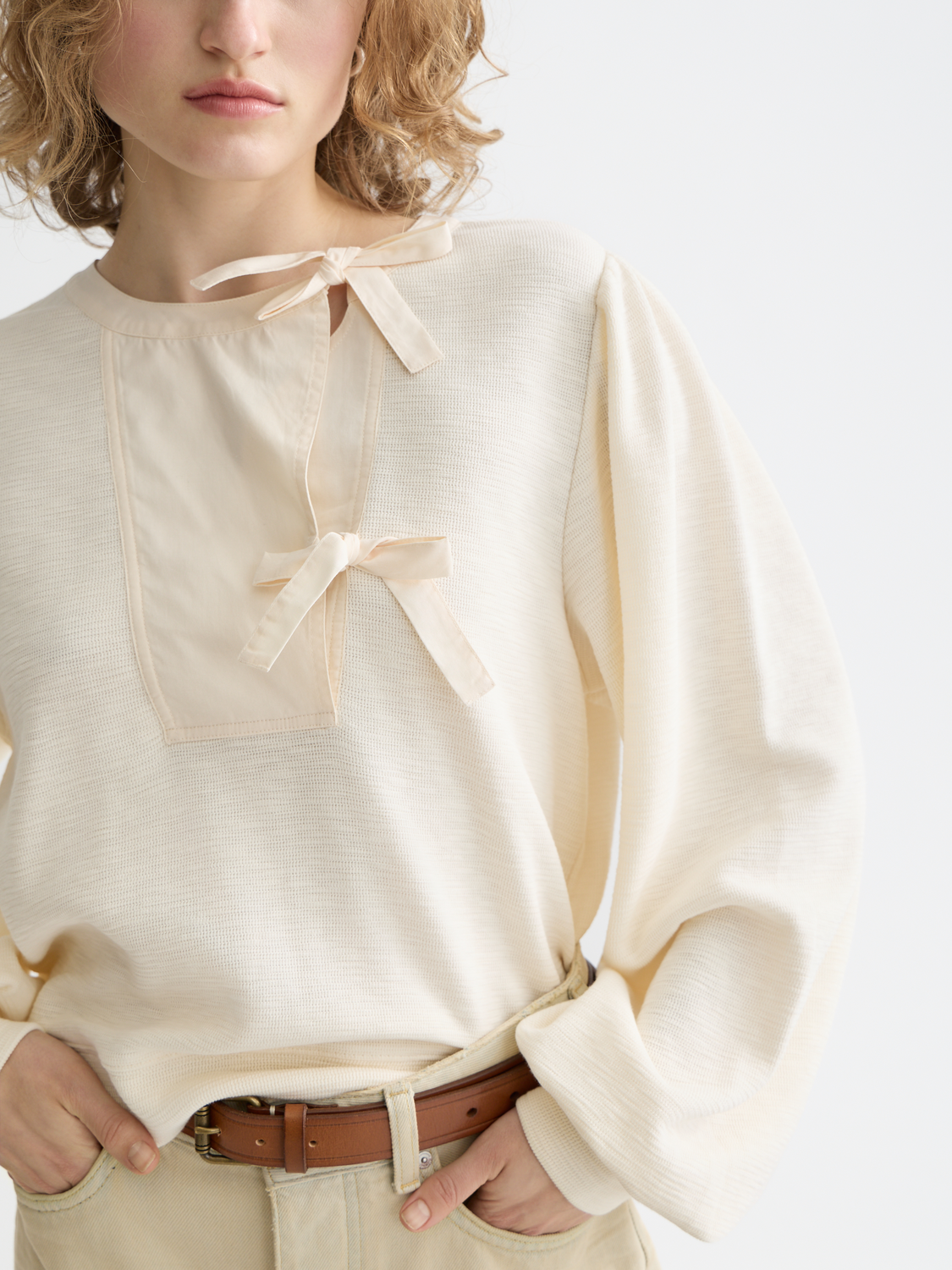 Open Neck Sweatshirt With Woven Front Placket