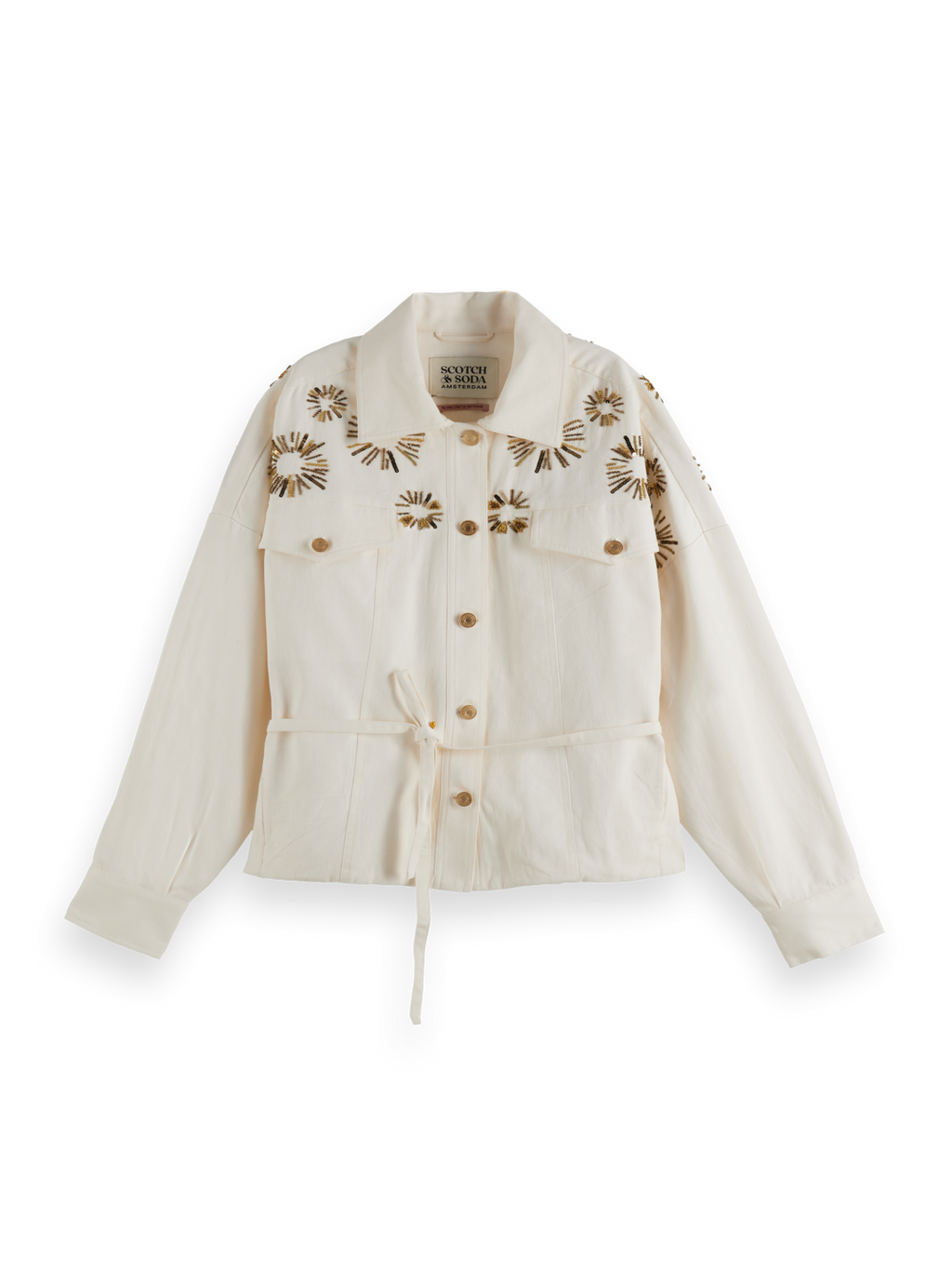 Embellished Belted Cotton Trucker Jacket