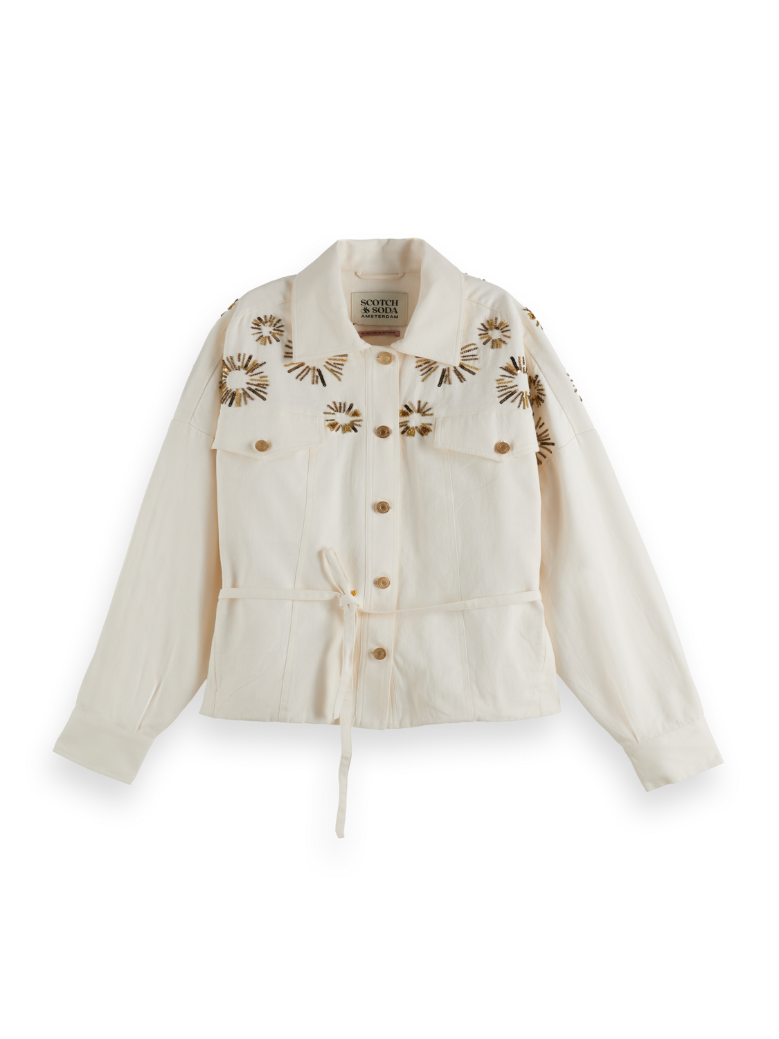 Embellished Belted Cotton Trucker Jacket