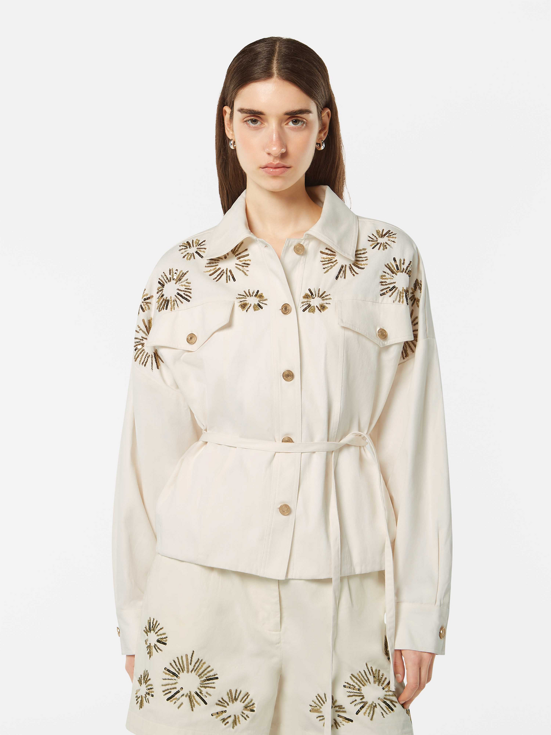 Embellished Belted Cotton Trucker Jacket