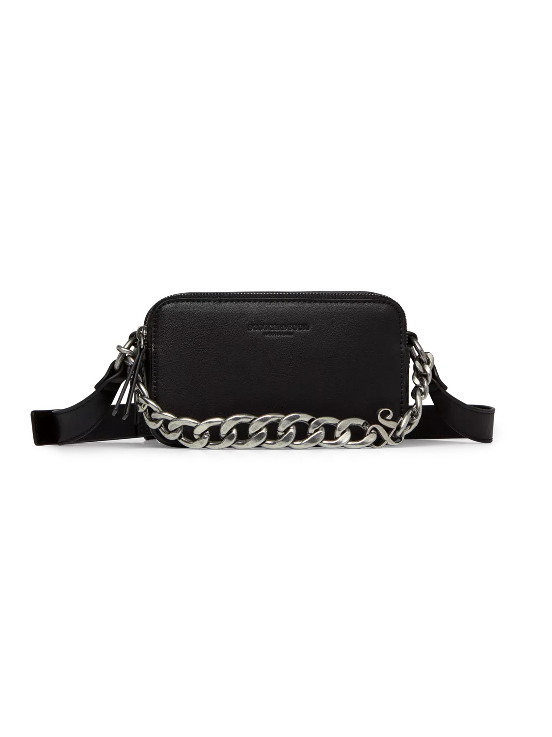 Black waist bag with chain detail on a white background