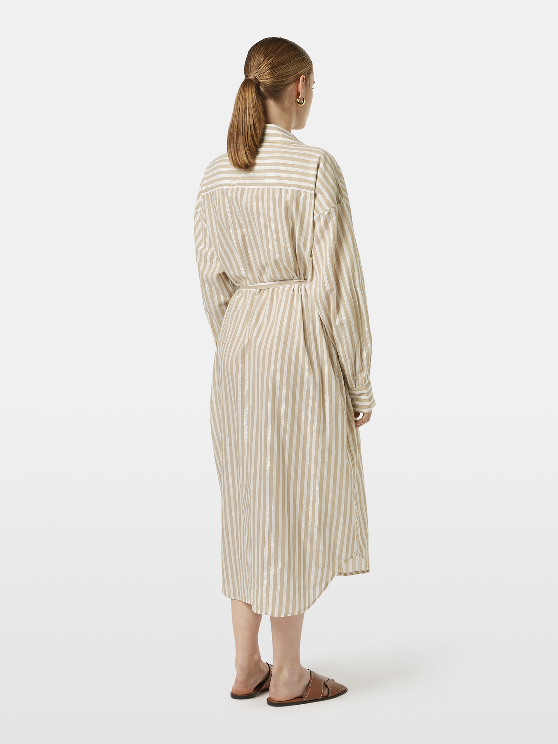 champagne satin stripe midi shirt dress Champagne pink Satin Stripe Midi Shirt Dress w belt Size 8 PLT long sleeve