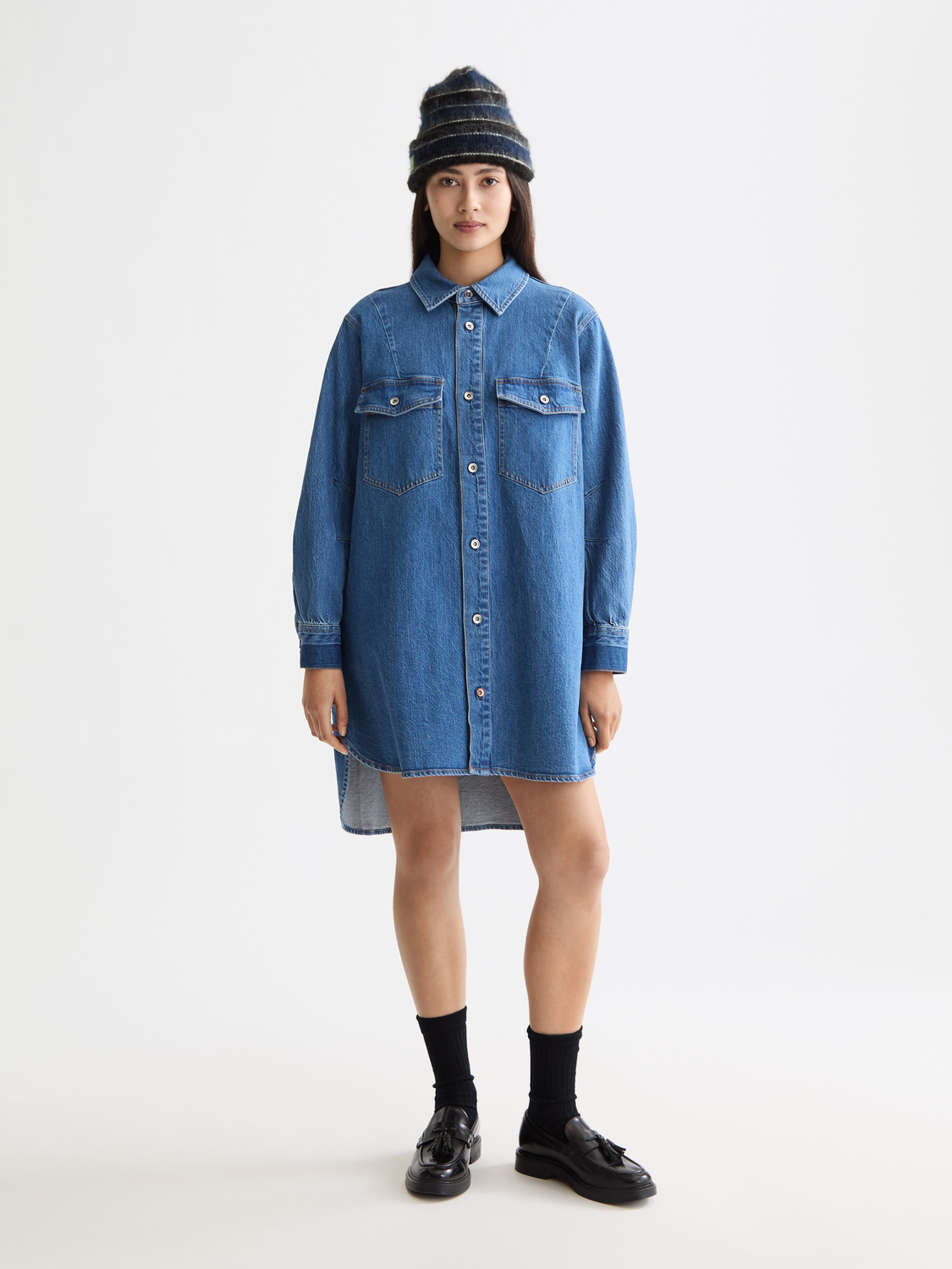 denim mini shirt dress Reclaimed Vintage denim mini shirt dress in mid blue wash with tobacco stitch