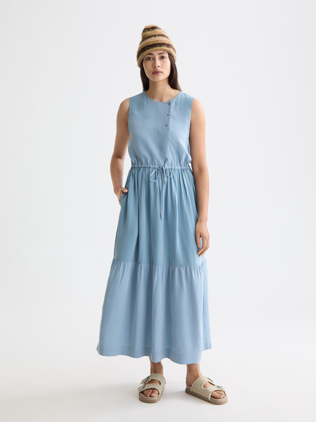 Midi Dress With Gathered Waist Faded Denim / 38