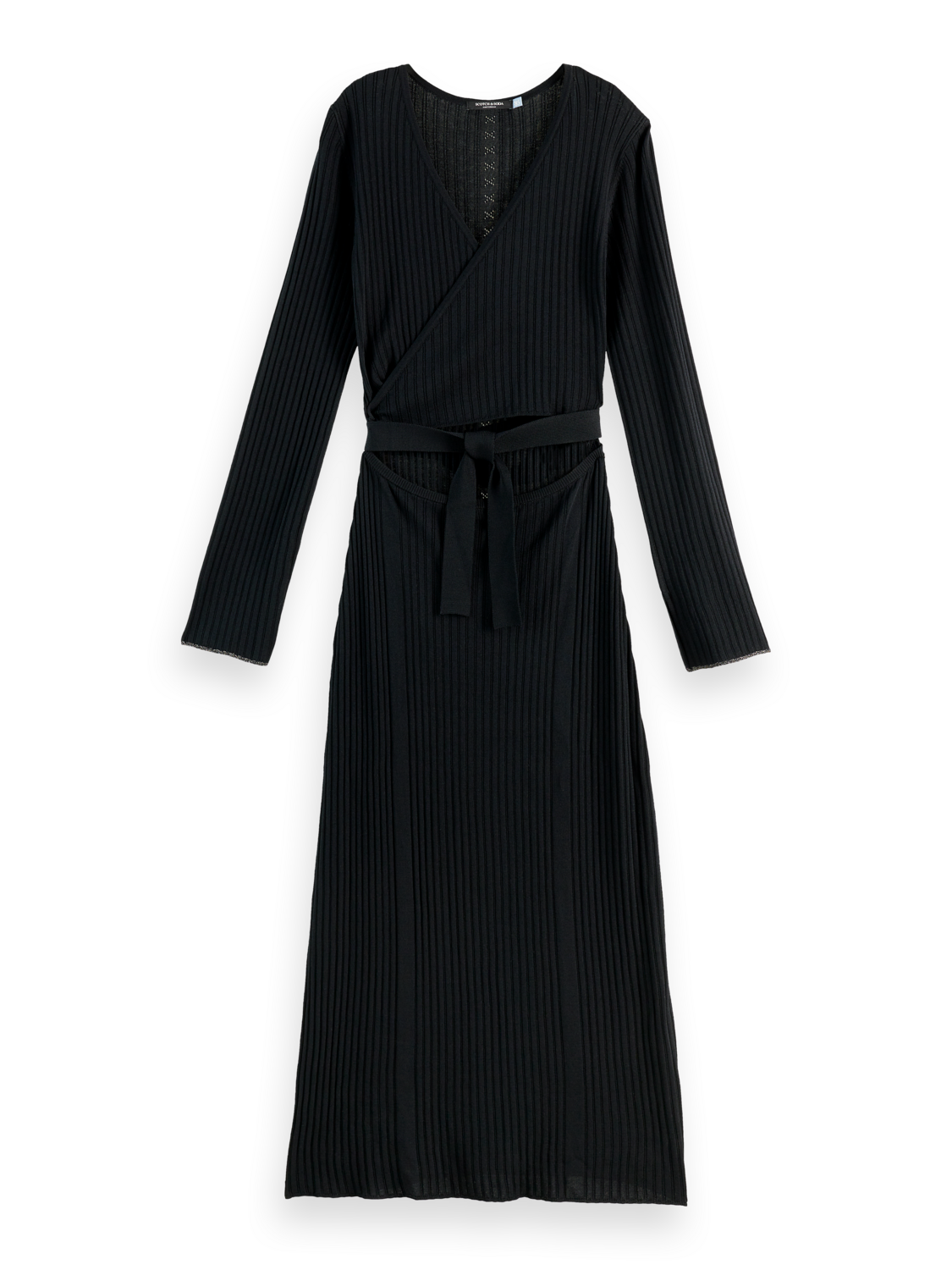 black knitted wrap dress Women's Knit Wrap Slit Mid Dress V Neck Long Sleeve Tied Bodycon Sweater Dress Black S