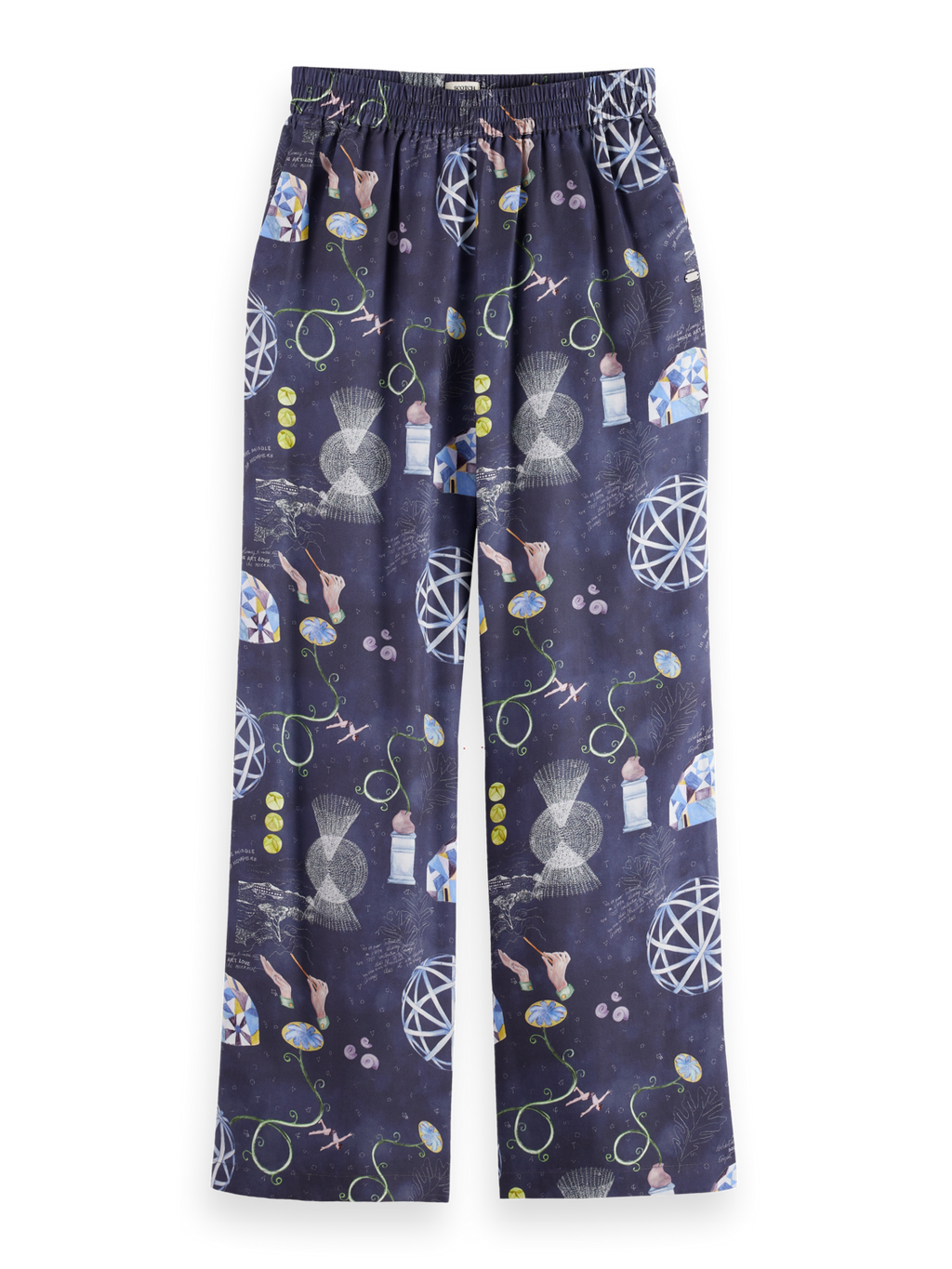 Gia - Mid rise wide leg elasticated trousers in block print