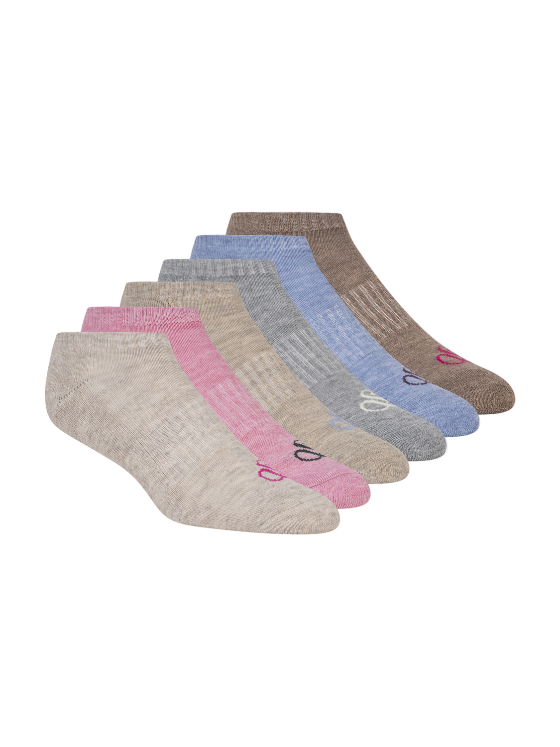 Set of six pairs of socks in various colors on a white background