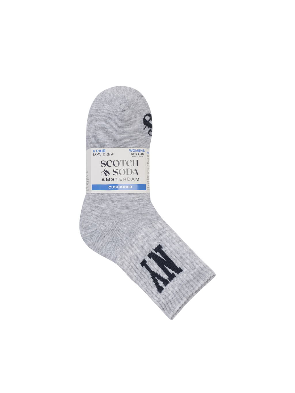 Gray sock with black branding on a white background