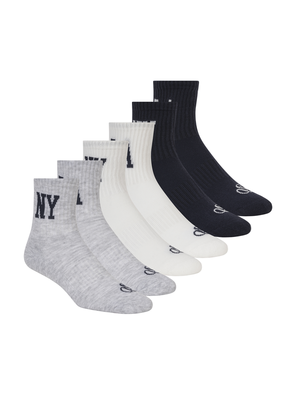 Set of six pairs of socks in black, white, and gray on a white background